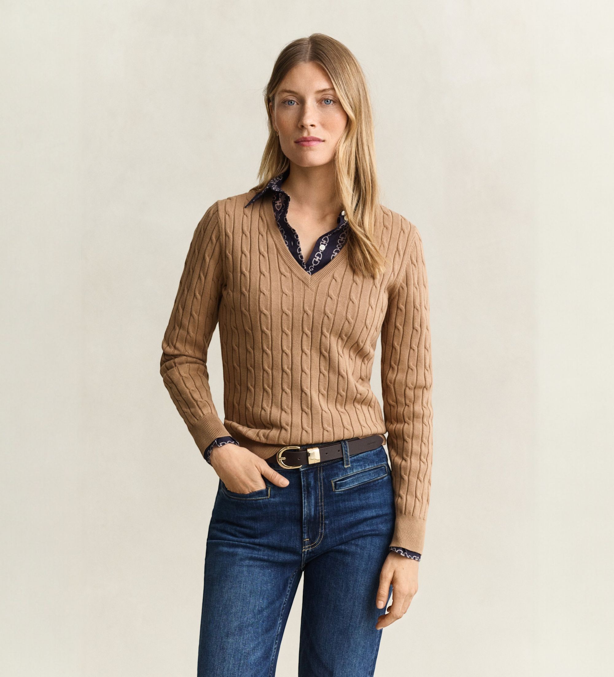 Gantvoor vrouwen. 4800101 Kabeltrui kaki (XL), Beige, Casual, Katoen, Klassiek, Lange mouwen