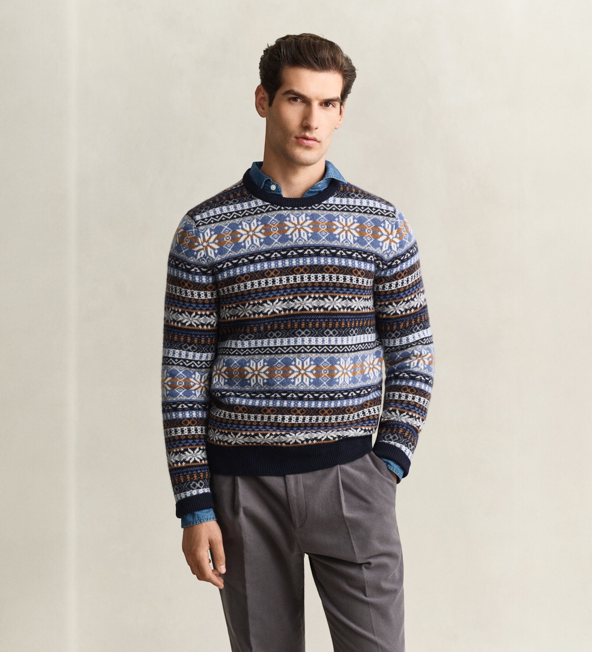 Gantvoor mannen. 8050327 Fair Isle trui blauw (XXL), Casual, Wol, Klassiek, Marineblauw