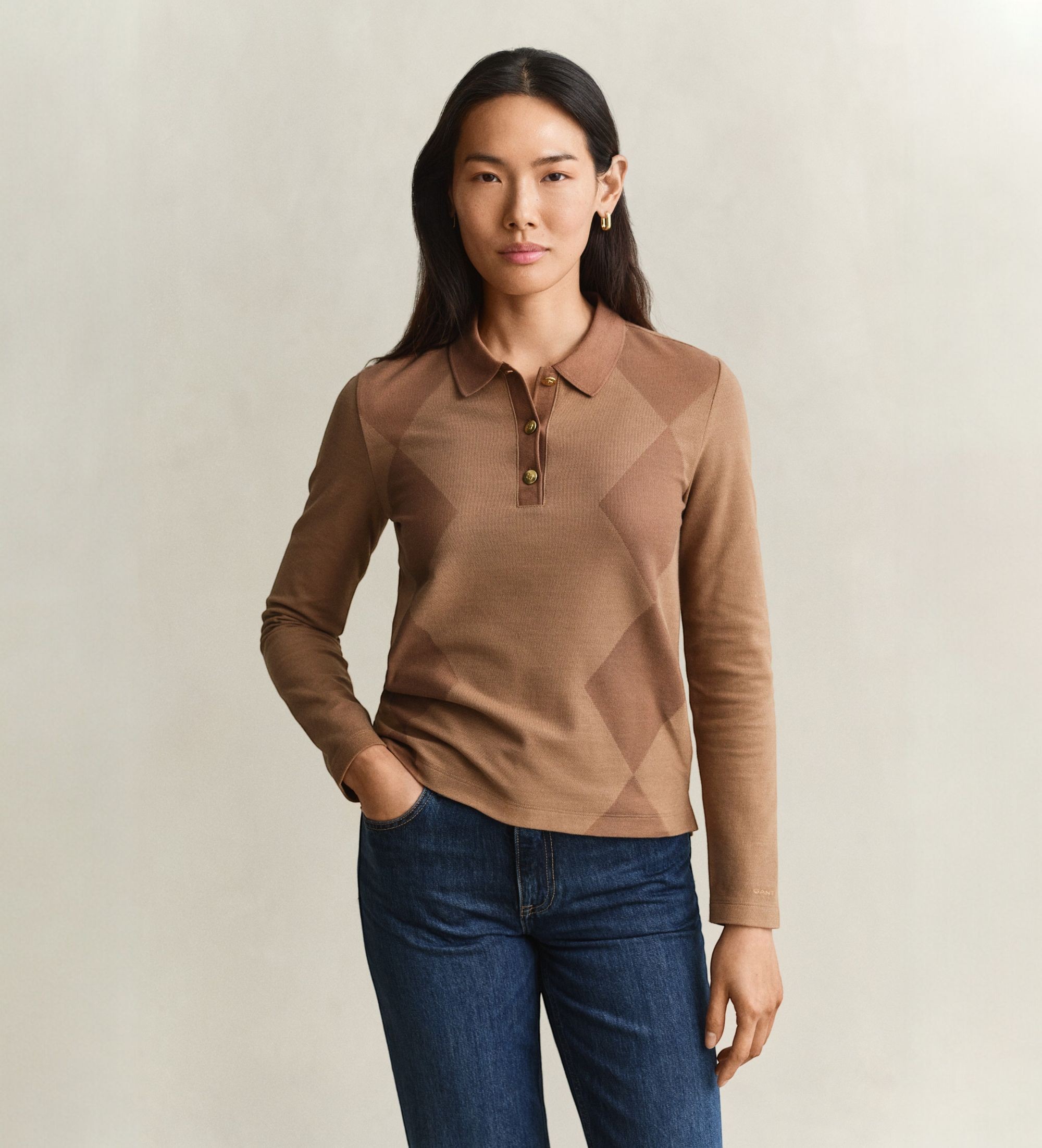 Gantvoor vrouwen. 4201610 Ruitjes polo met lange mouwen in bruin (L), Casual, Katoen