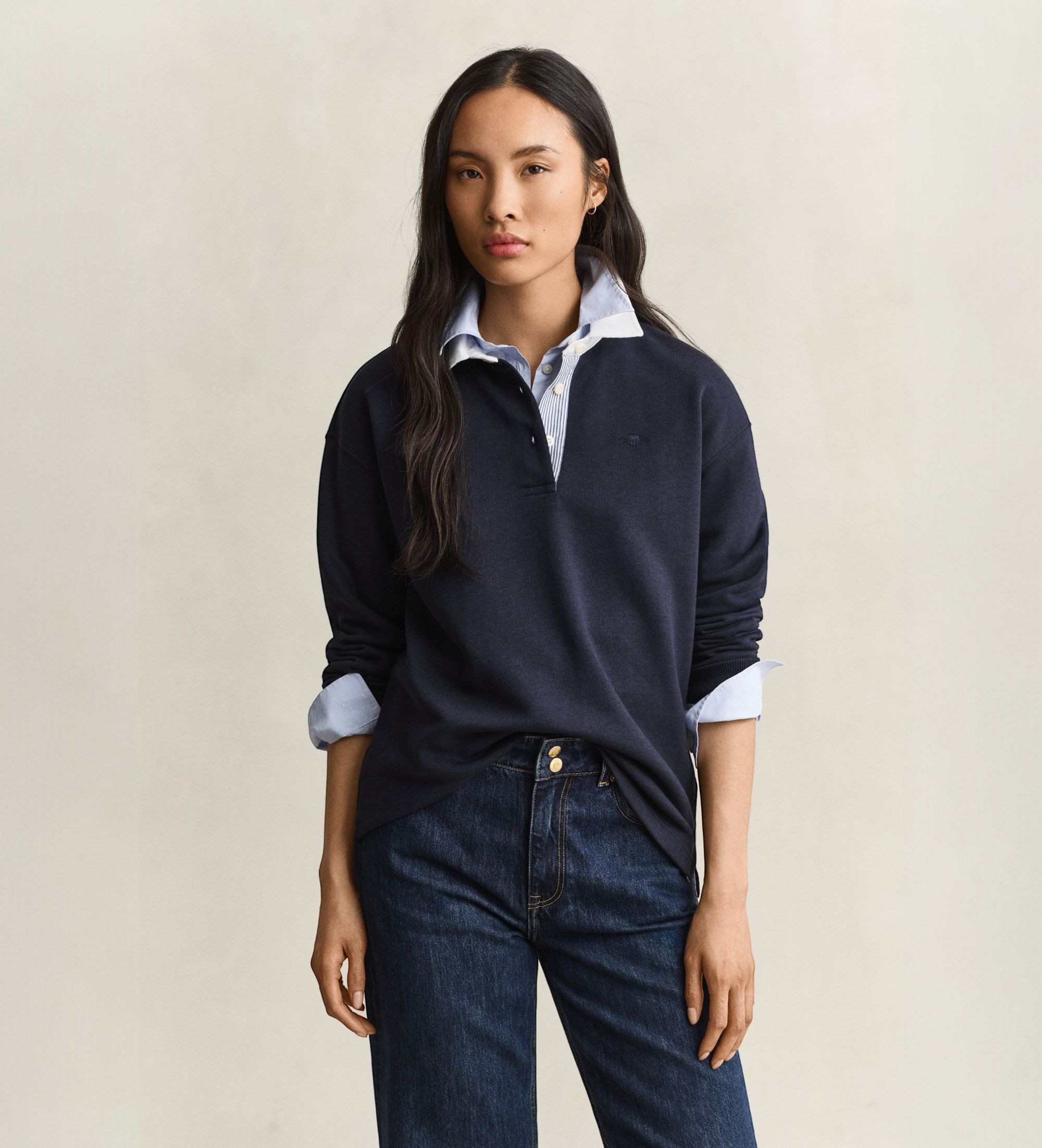 Gantvoor vrouwen. 4201608 Rugger sweater nachtblauw (L), Casual, Katoen, Lange mouwen, Marineblauw