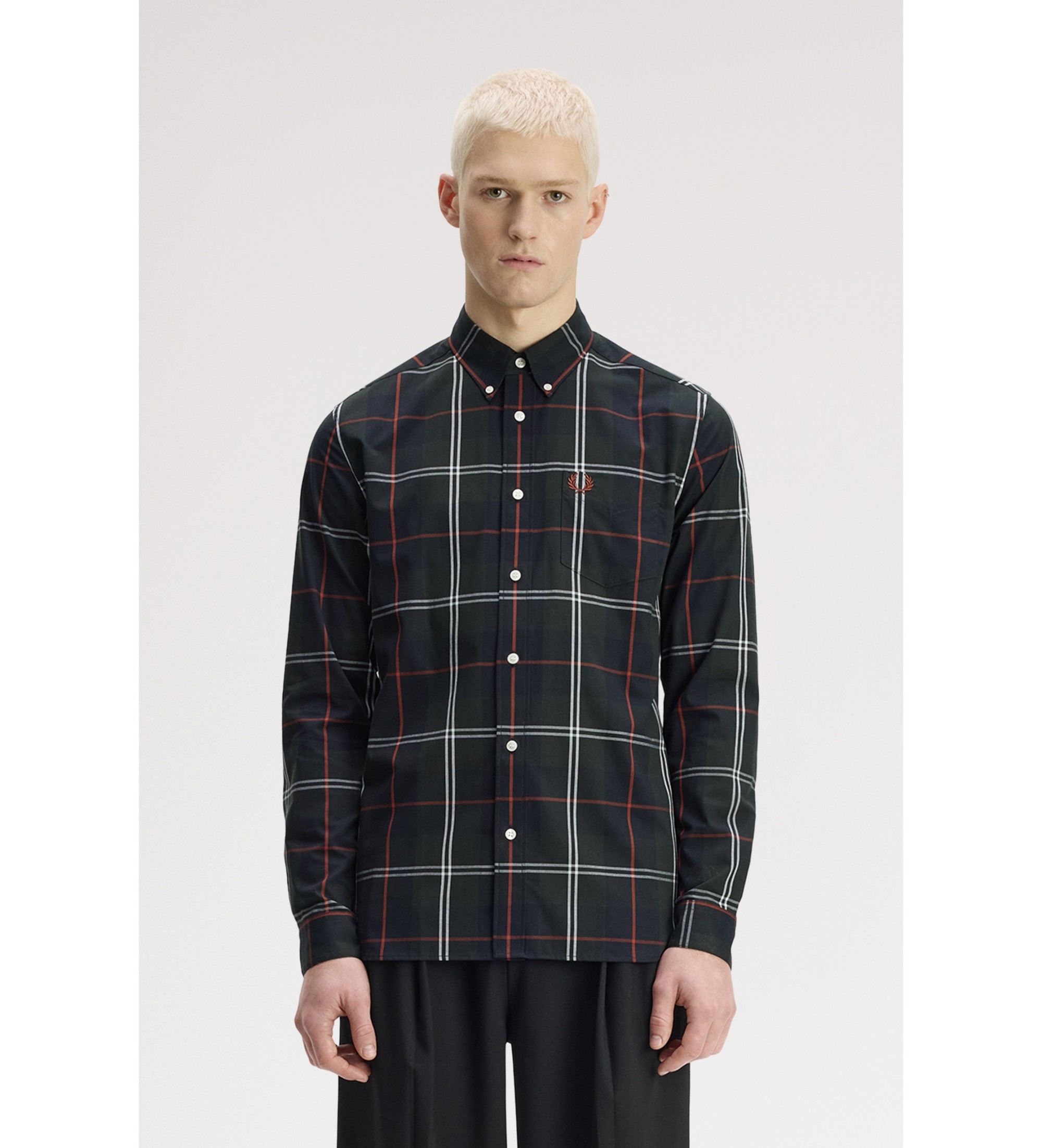 Fred Perry für Herren. M3456 Grünes Popeline-Hemd mit Karomuster (L), Lässig, Baumwolle, Langarm