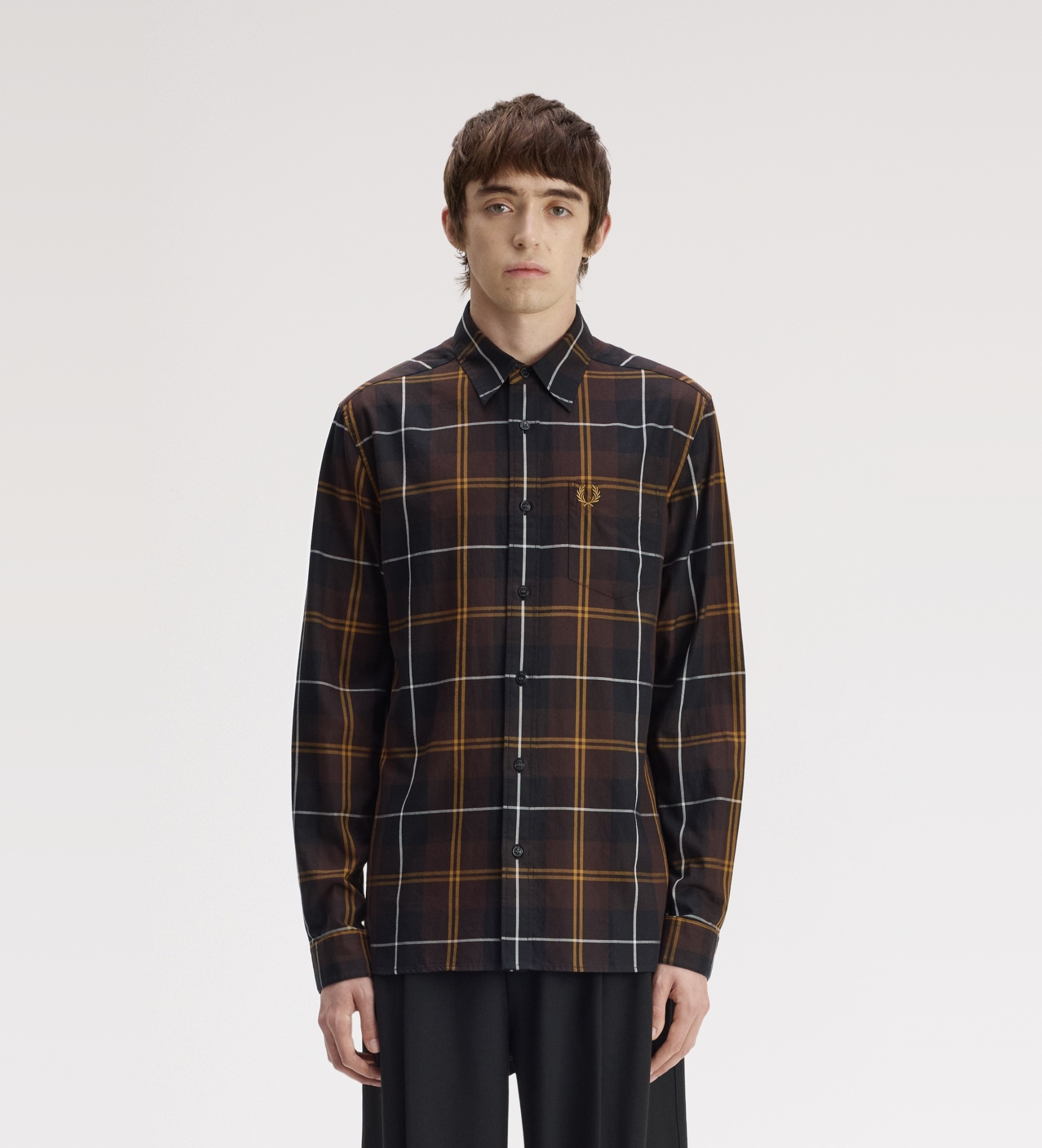 Fred Perry für Herren. M3457 Braunes Hemd aus Tartan-Köper (M), Lässig, Baumwolle, Langarm