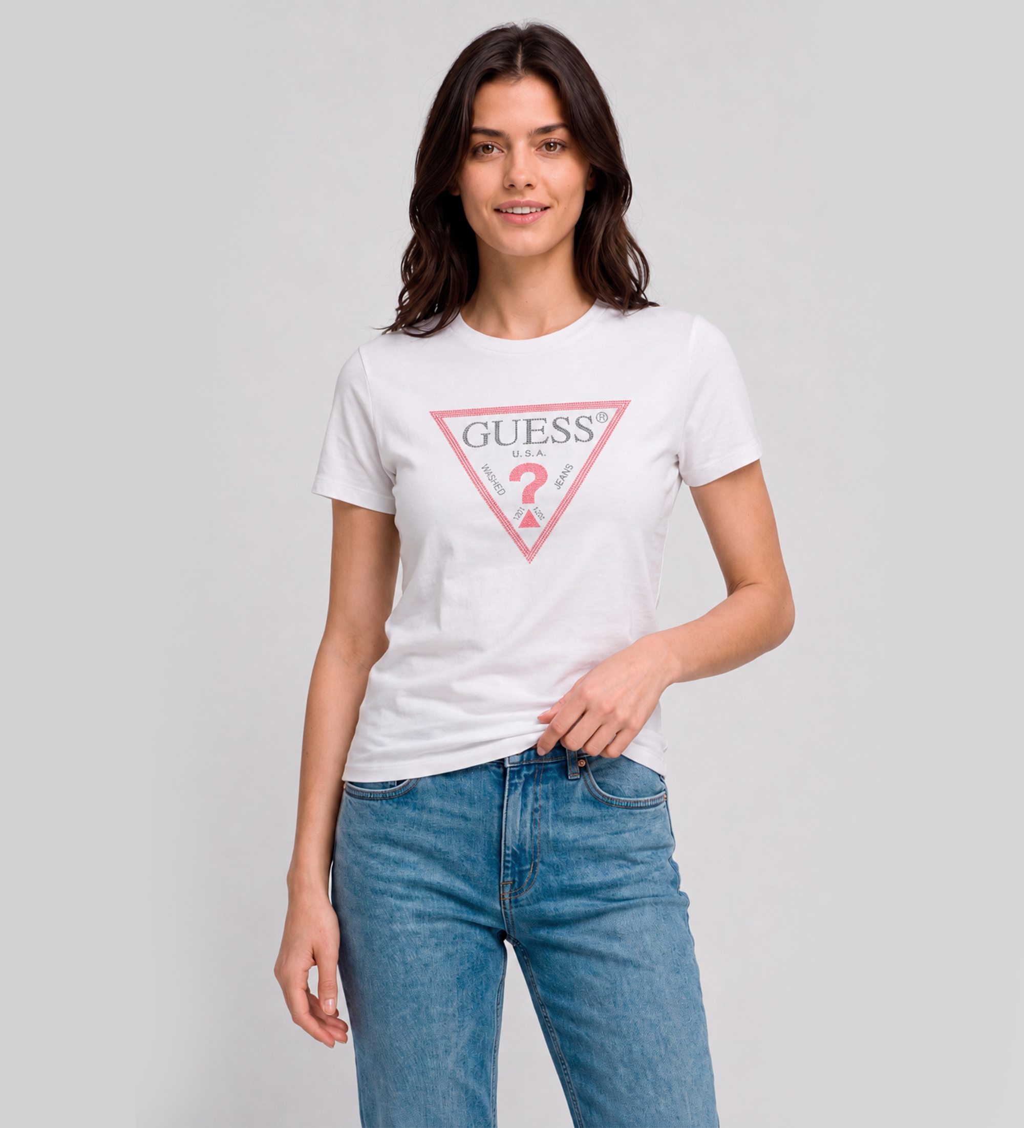 Guess für Damen. W6YI54K4870 T-Shirt Logo Original Hotfix Weiß (M), Lässig, Baumwolle, Kurzarm