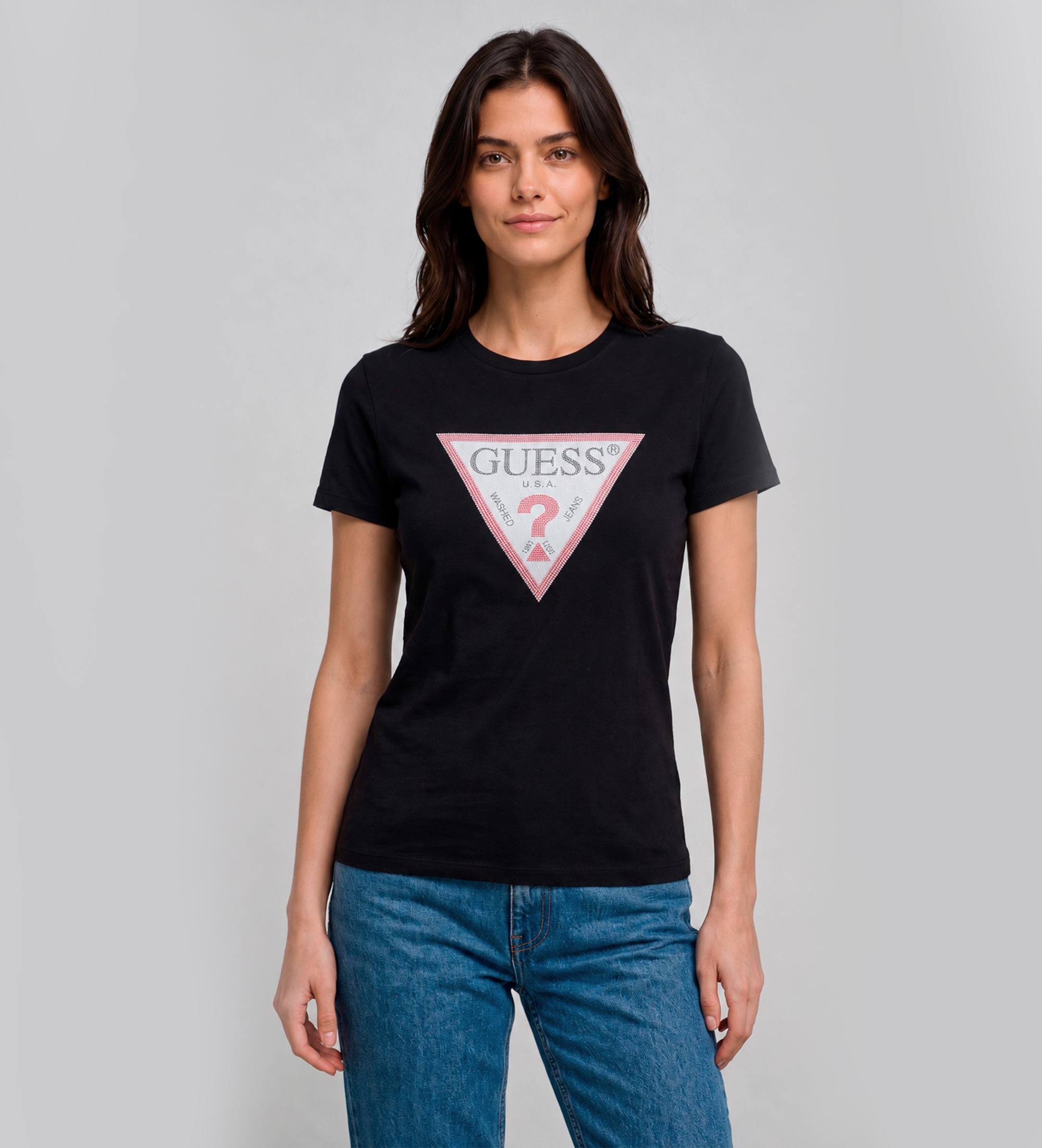Guess für Damen. W6YI54K4870 T-Shirt Logo Original Hotfix Schwarz (S), Lässig, Baumwolle, Kurzarm