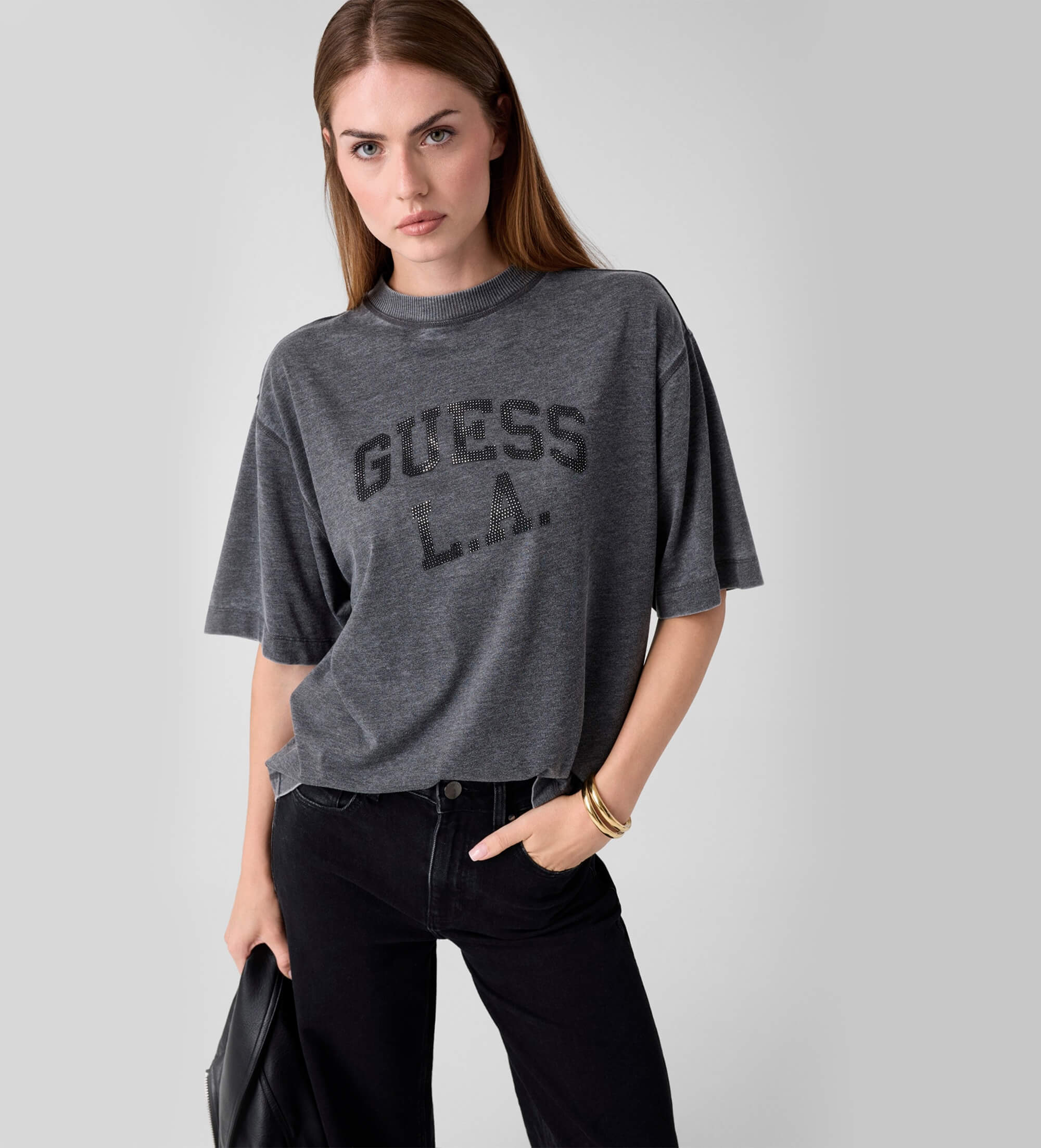 Guess für Damen. W6YI20K4335 Oversize-Burnout-Shirt grau (M), Lässig, Polyester, Kurzarm