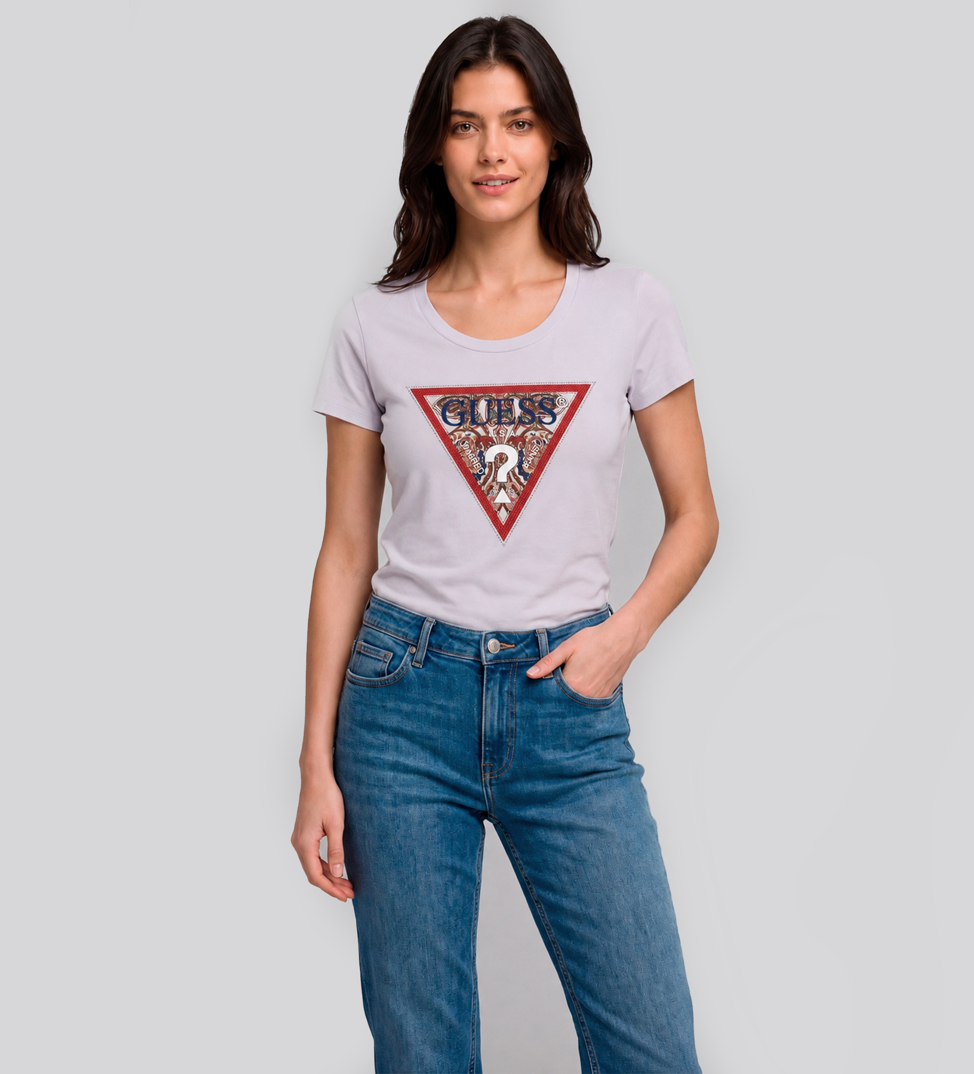 Guess für Damen. W6YI25K4344 T-Shirt Dreieck Paisley Kurzarm Weiß (M), Lässig, Baumwolle