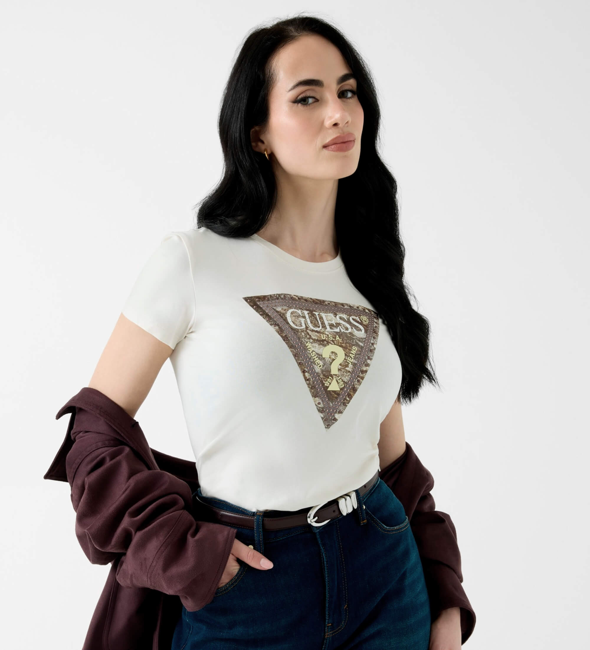 Guess für Damen. W6YI31K4350 T-Shirt mit aufgedrucktem Logo in Gebrochenweiß (XL), Lässig, Baumwolle, Kurzarm