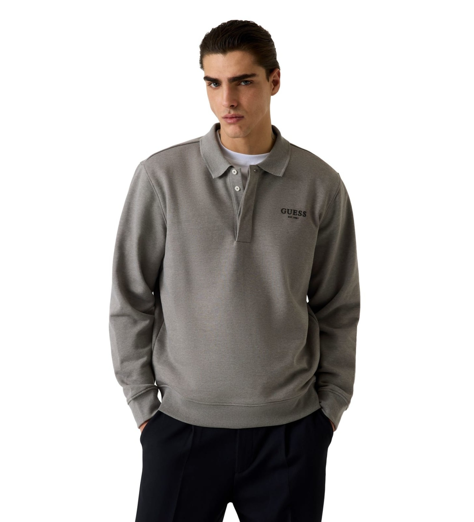 Guess für Herren. M6BQ23K6163 Graues Sweatshirt im Polo-Stil mit langen Ärmeln (M), Lässig, Polyester, Langarm