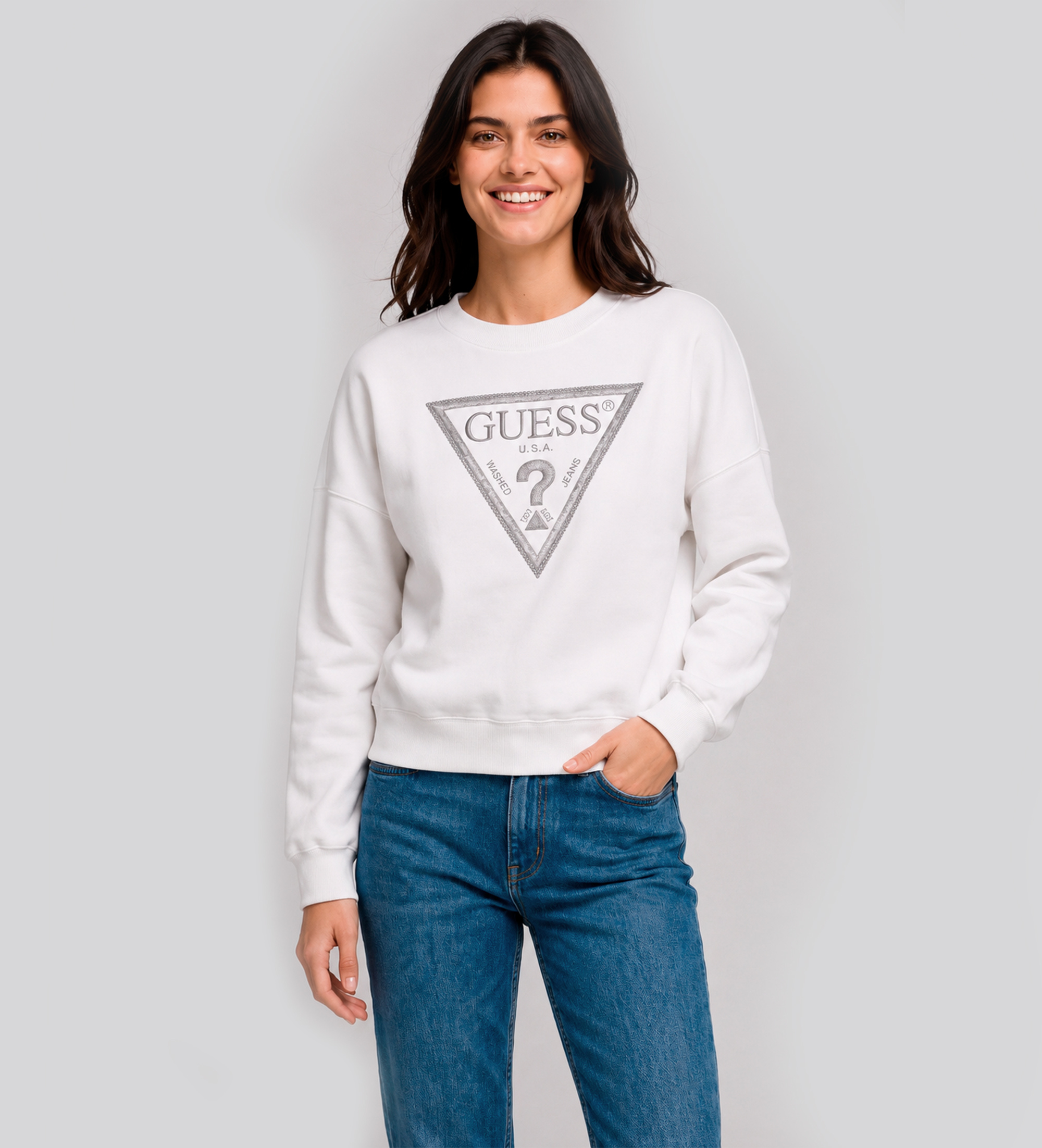 Guess für Damen. W6YQ14K4352 Sweatshirt Dreieck Glitzer Weiß (S), Lässig, Baumwolle, Langarm