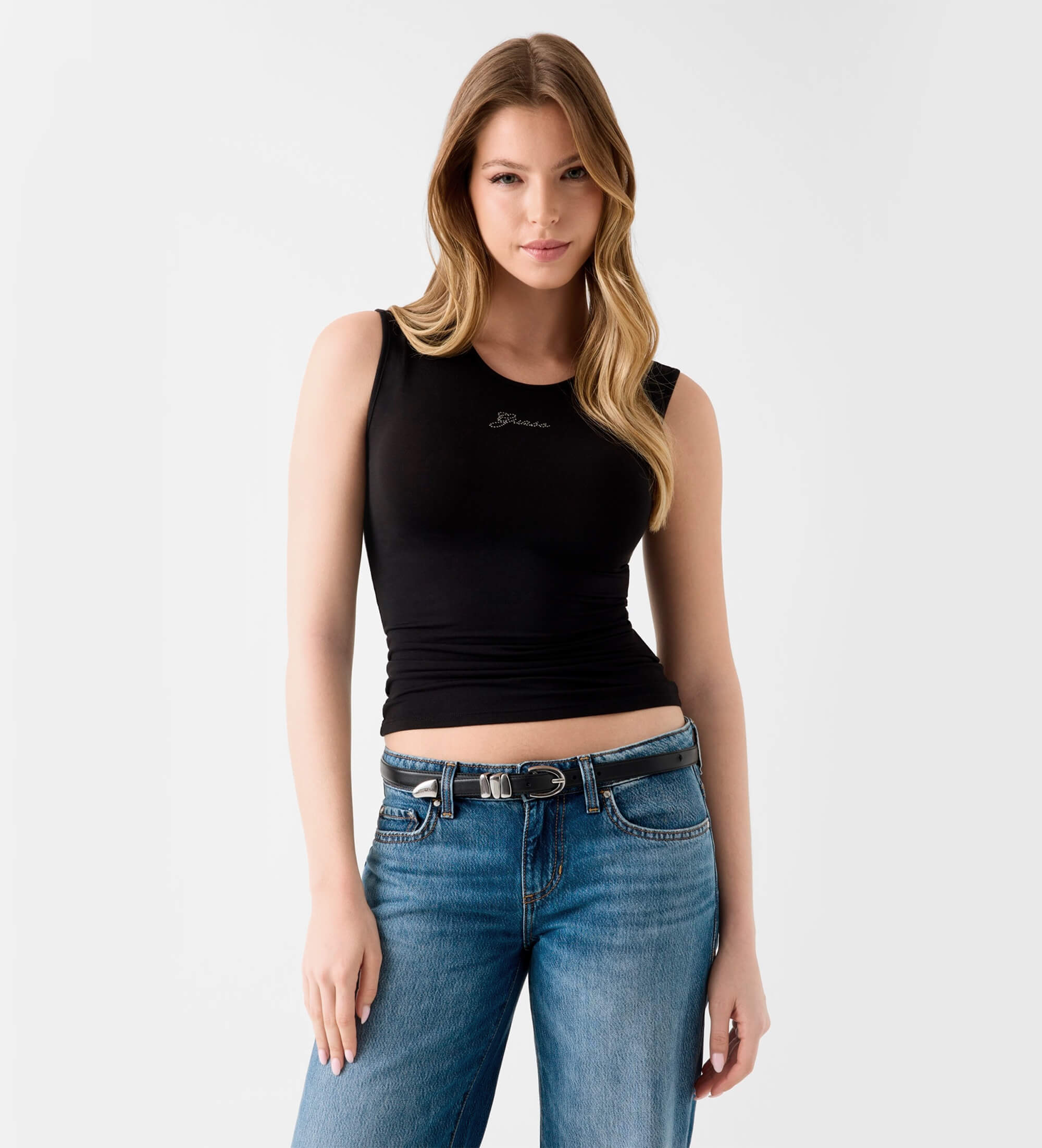 Guess für Damen. W6YP17K3881 Top mit schwarzem Strass-Logo (S), Lässig, Modal, Ärmellos / Hosenträger