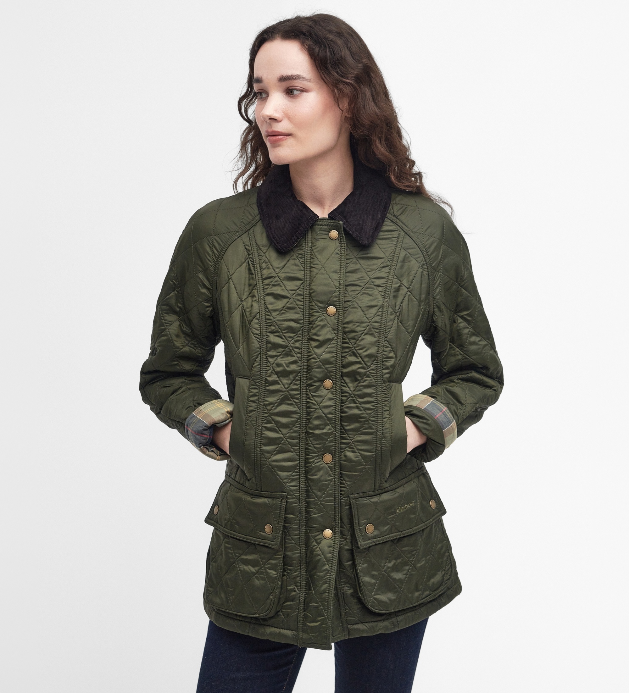 Barbour für Damen. LQU0471 Beadnell Polarquilt Jacke in Olivgrün (S), Lässig, Polyamid