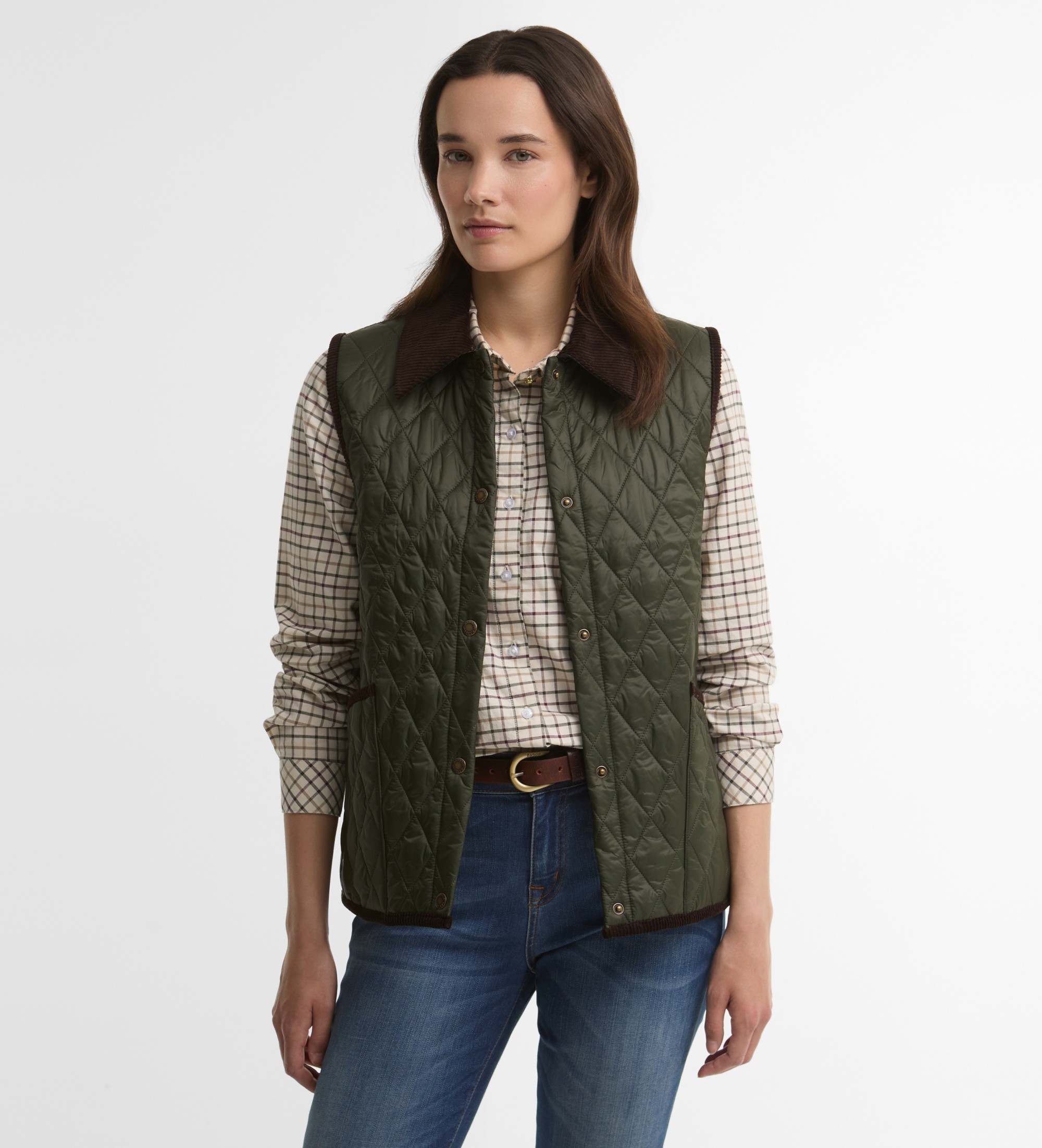 Barbour für Damen. LGI0229 Darwen Quilted Weste olivgrün (S), Lässig, Polyamid