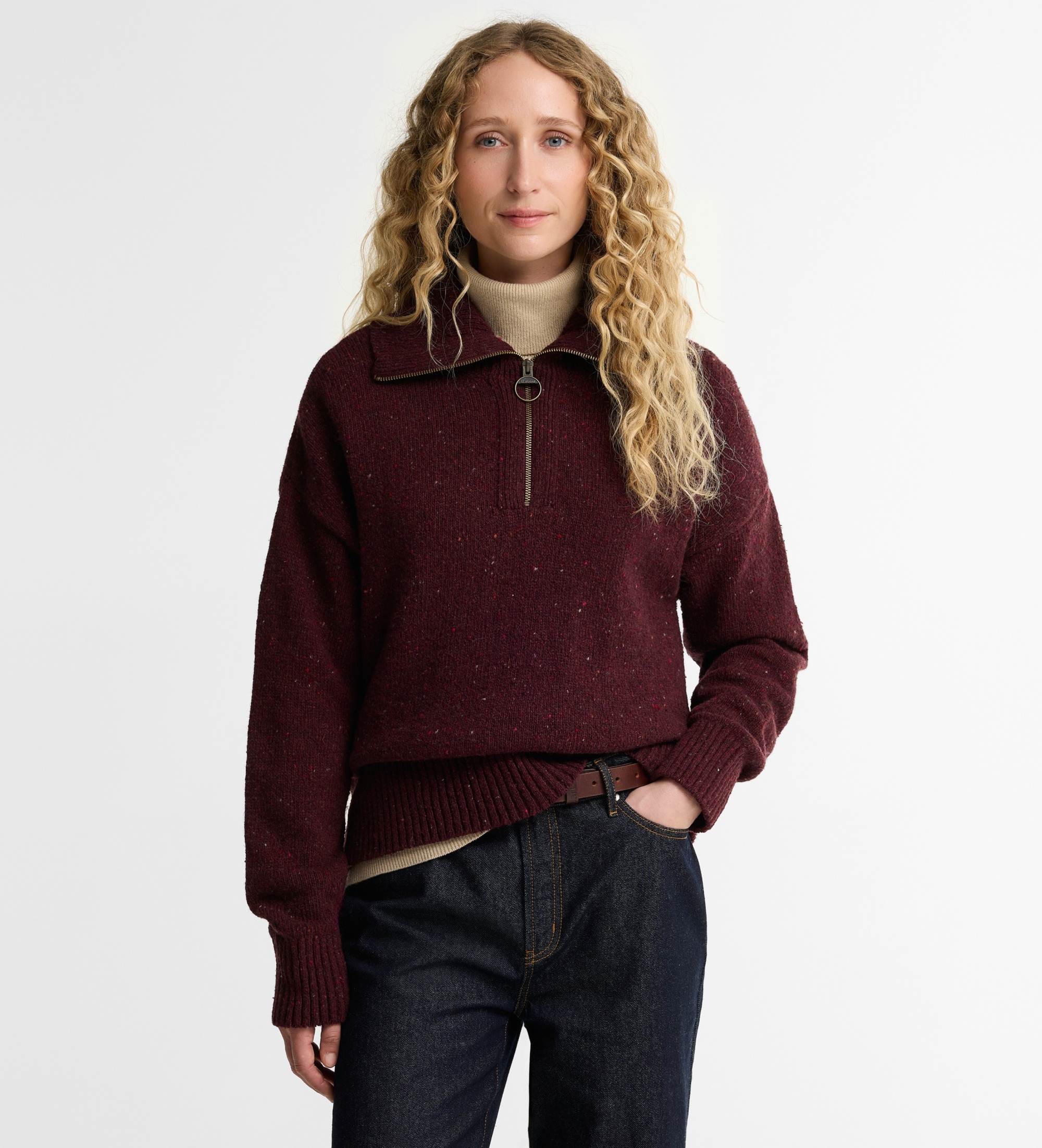 Barbour für Damen. LKN1579 Jersey Lavensdale Half Zip Fleck Burgunderrot (M), Lässig, Wolle, Langarm, Bordeaux