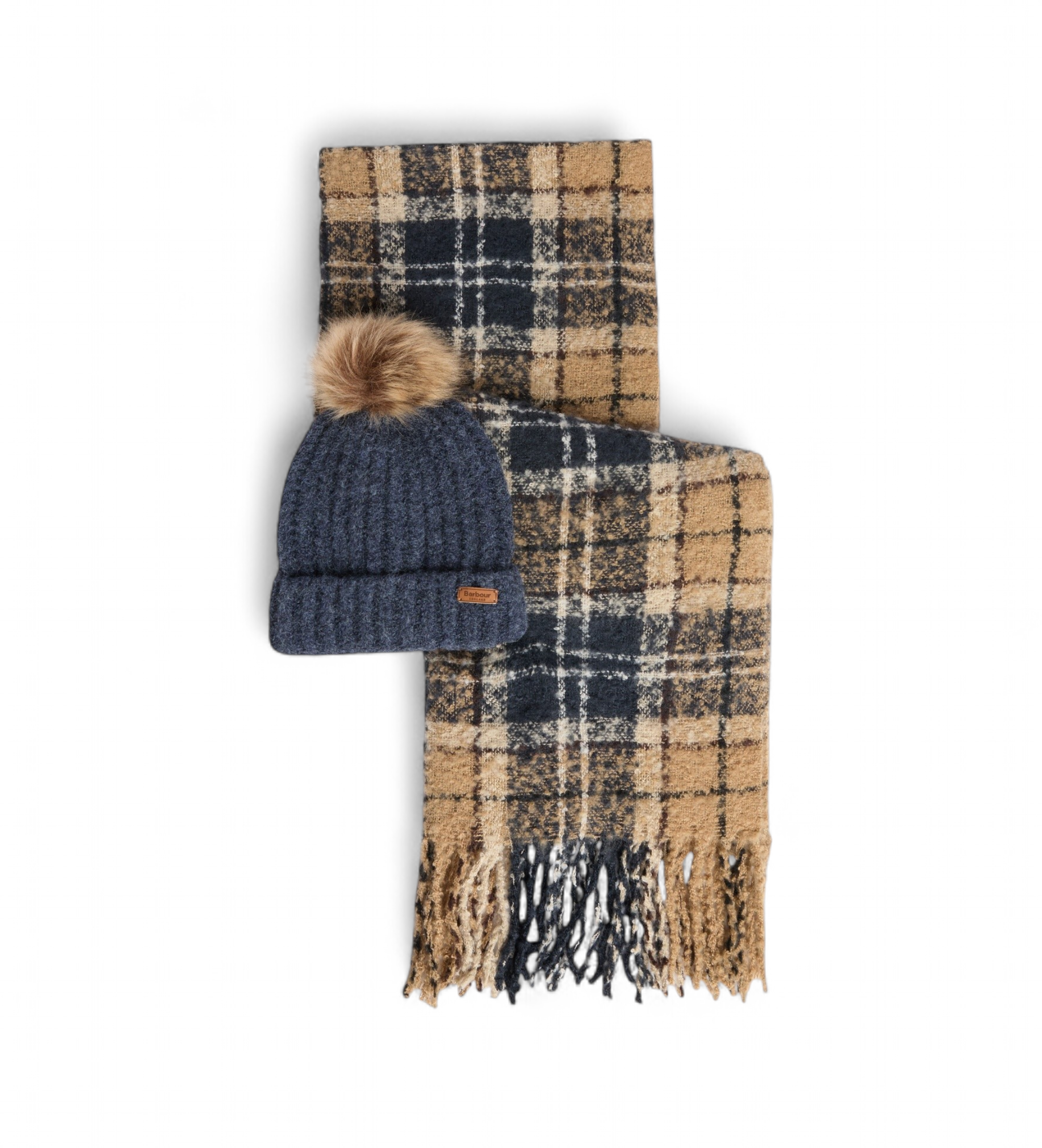 Barbour für Damen. LGS0077 Geschenkset Mütze und Schal Tartan Saltburn beige, marineblau (OSFA), Lässig, Polyester