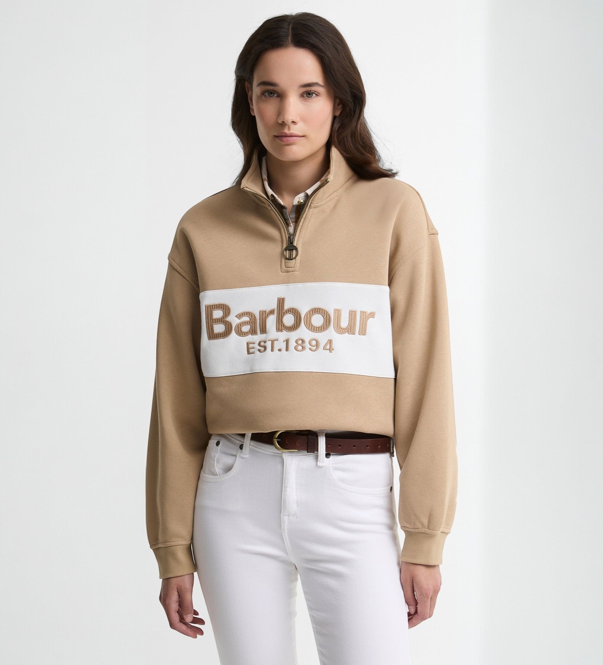 Barbour für Damen. LOL0668 Zaria Half Zip Sweatshirt beige (M), Lässig, Baumwolle, Langarm