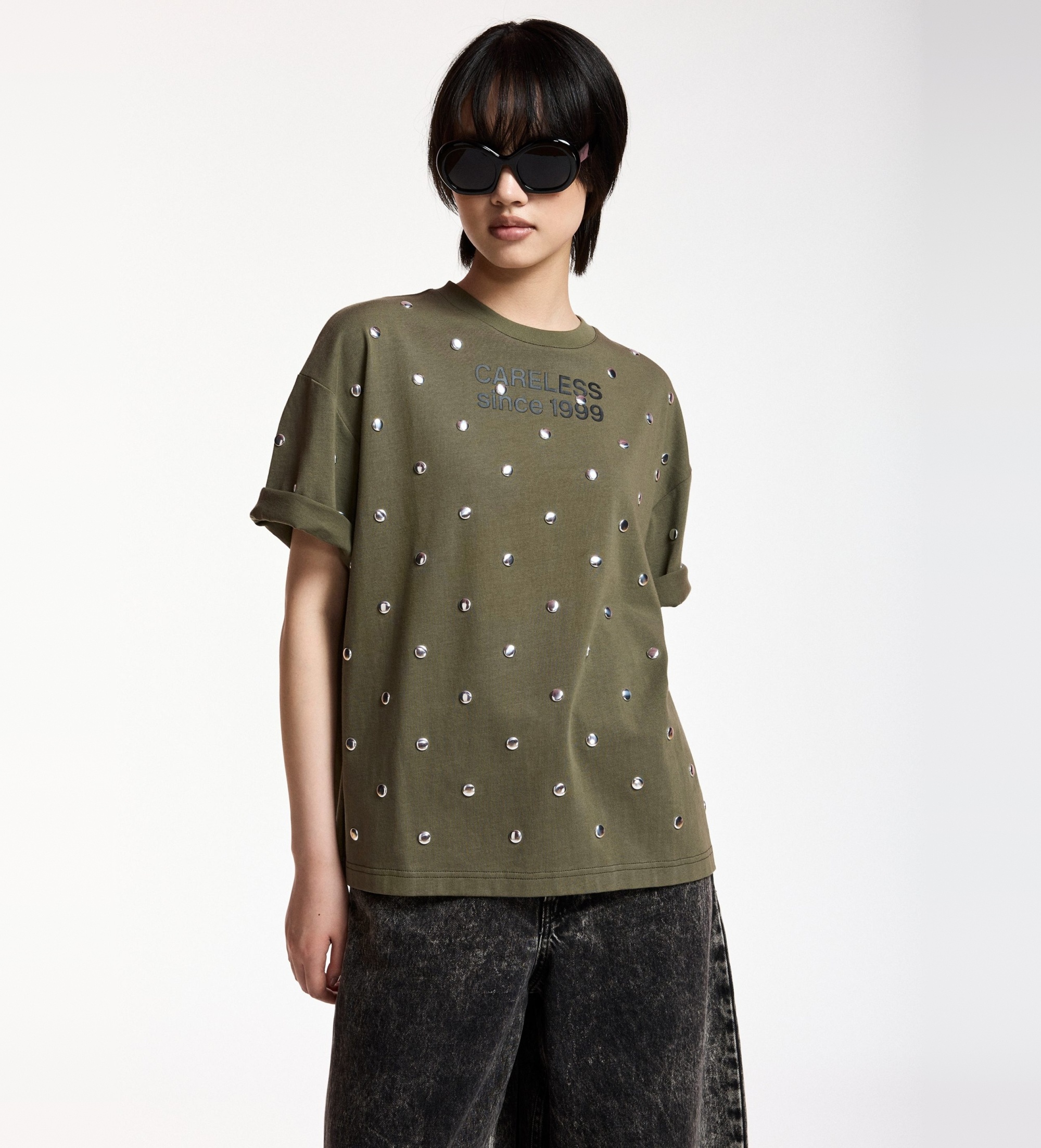Essentiel Antwerp für Damen. KOURSE Kourse Nietenshirt grün (S), Lässig, Baumwolle, Kurzarm