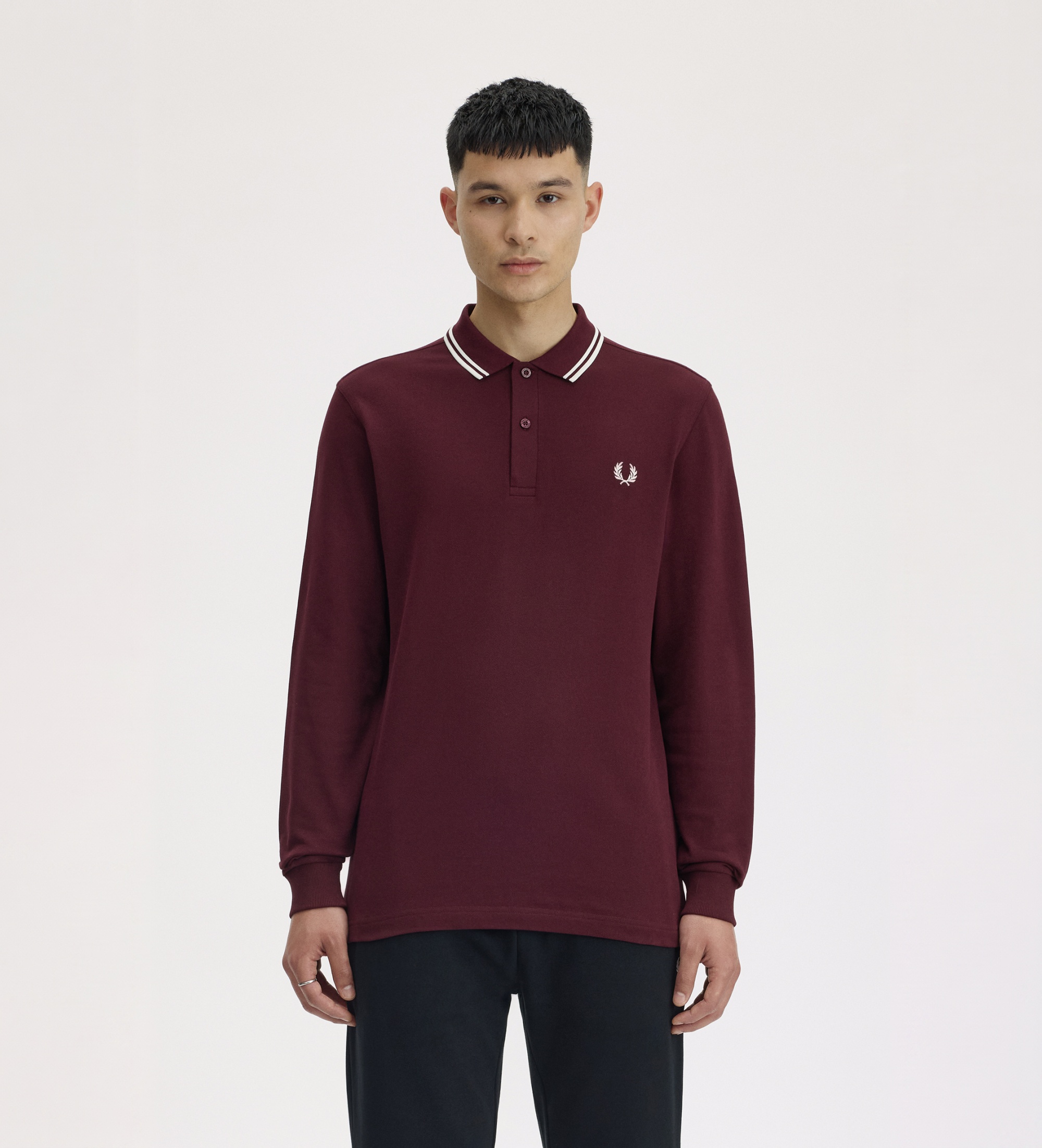 Fred Perryvoor mannen. M3636 Polo Twin Tipped met lange mouwen bordeauxrood (XL), Casual, Granaatappel, Katoen