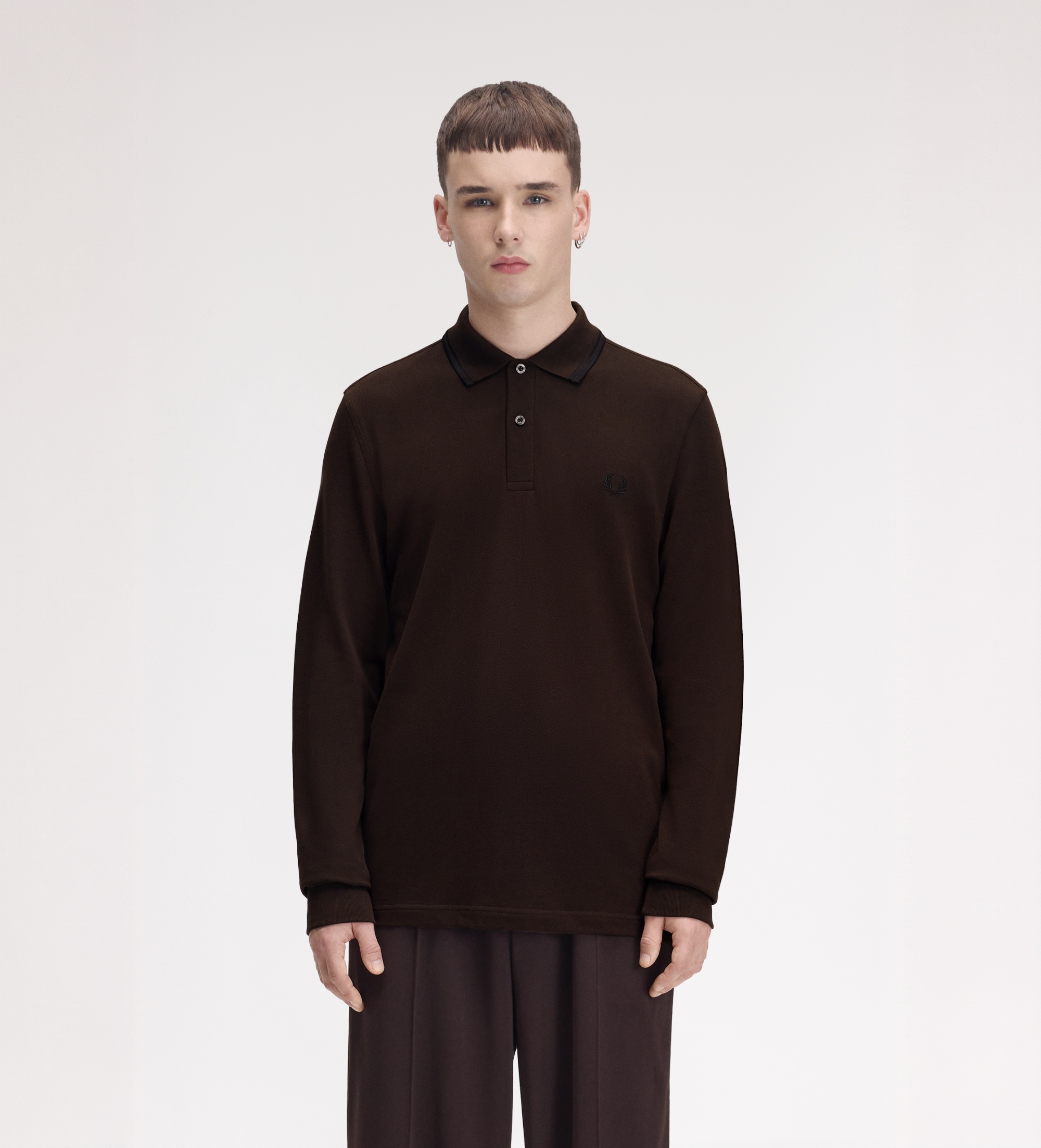 Fred Perryvoor mannen. M3636 Twin Tipped polo met lange mouwen bruin (L), Casual, Katoen