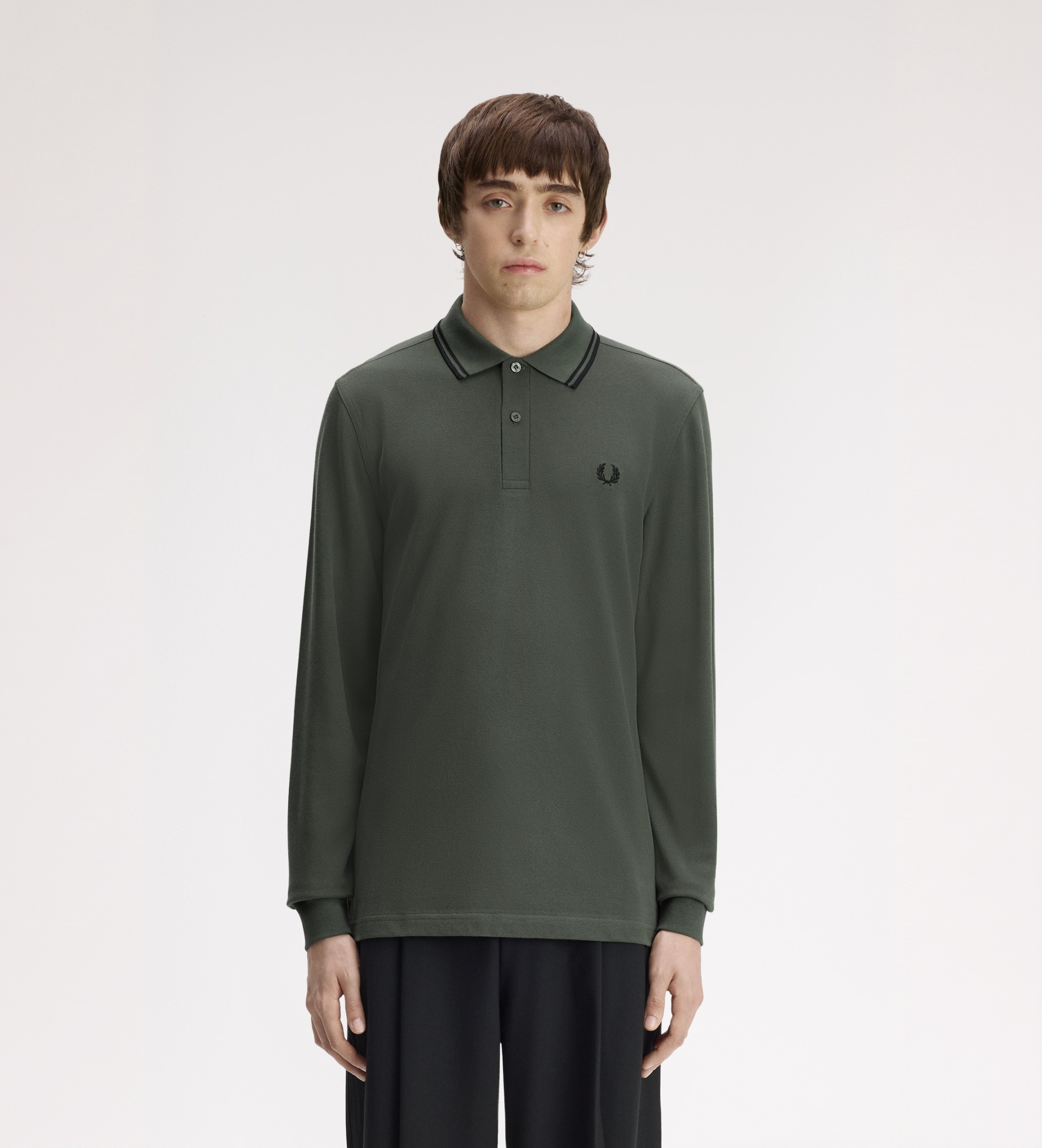 Fred Perryvoor mannen. M3636 Twin Tipped polo met lange mouwen groen (M), Casual, Katoen