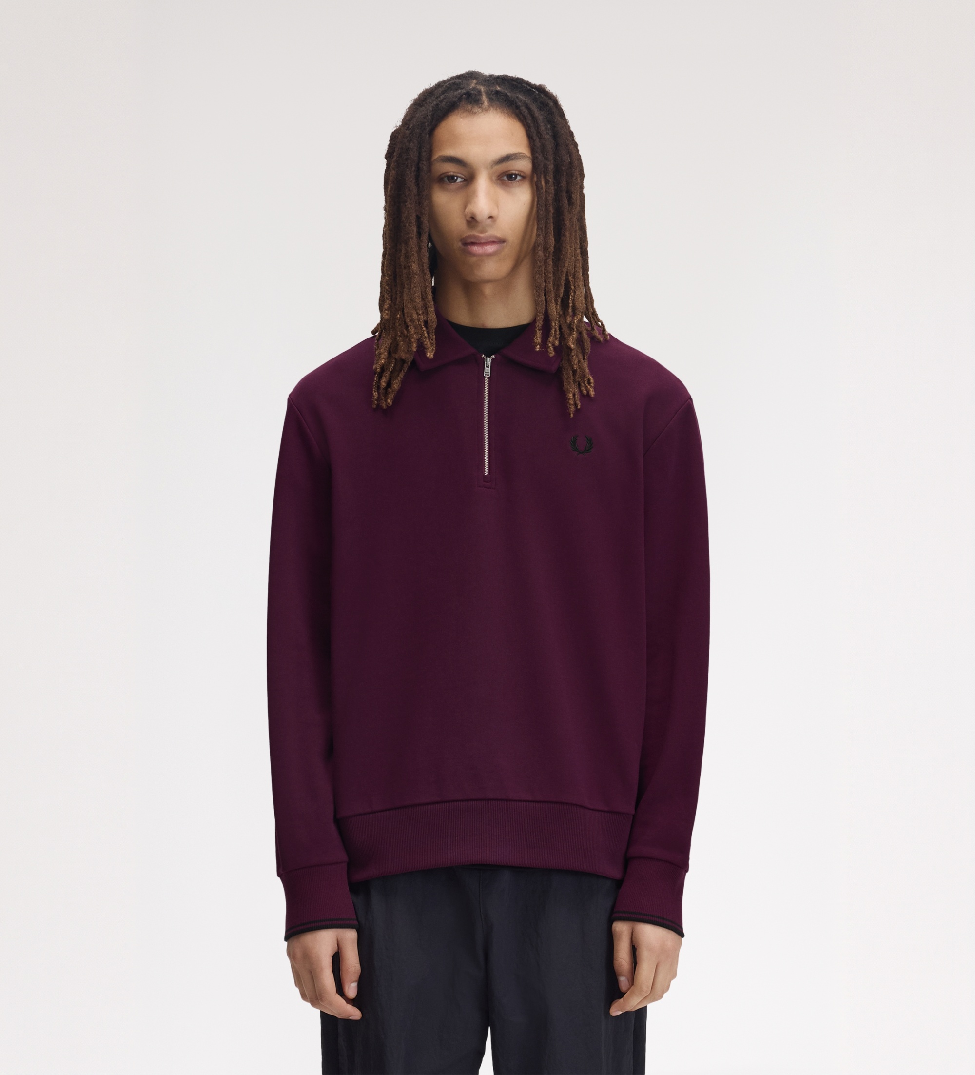 Fred Perryvoor mannen. M2426 Sweater met kraag en halve rits, bordeauxrood (S), Casual, Granaatappel, Katoen