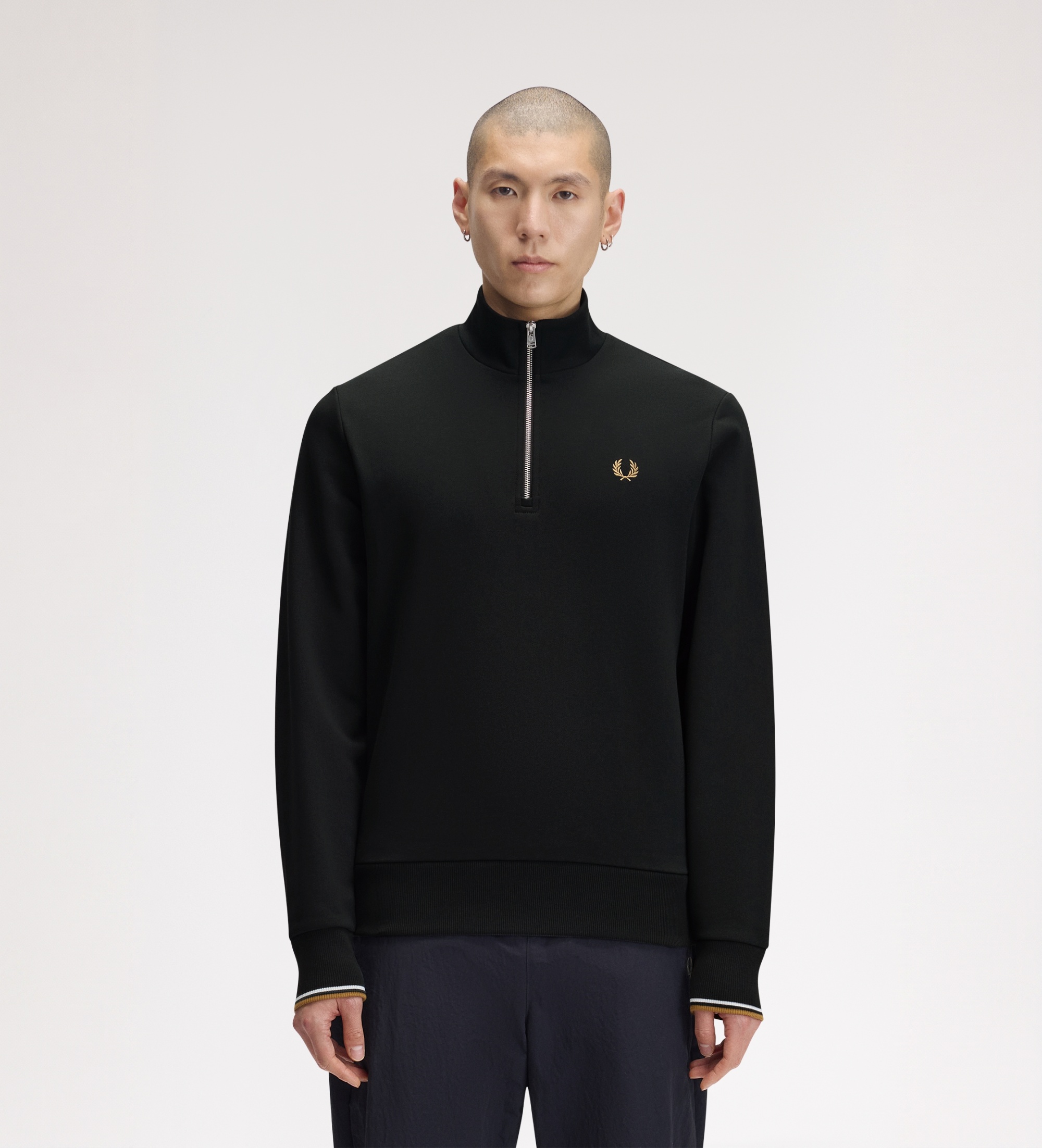 Fred Perryvoor mannen. M3574 Groene sweater met halve rits (L), Casual, Sportief, Katoen