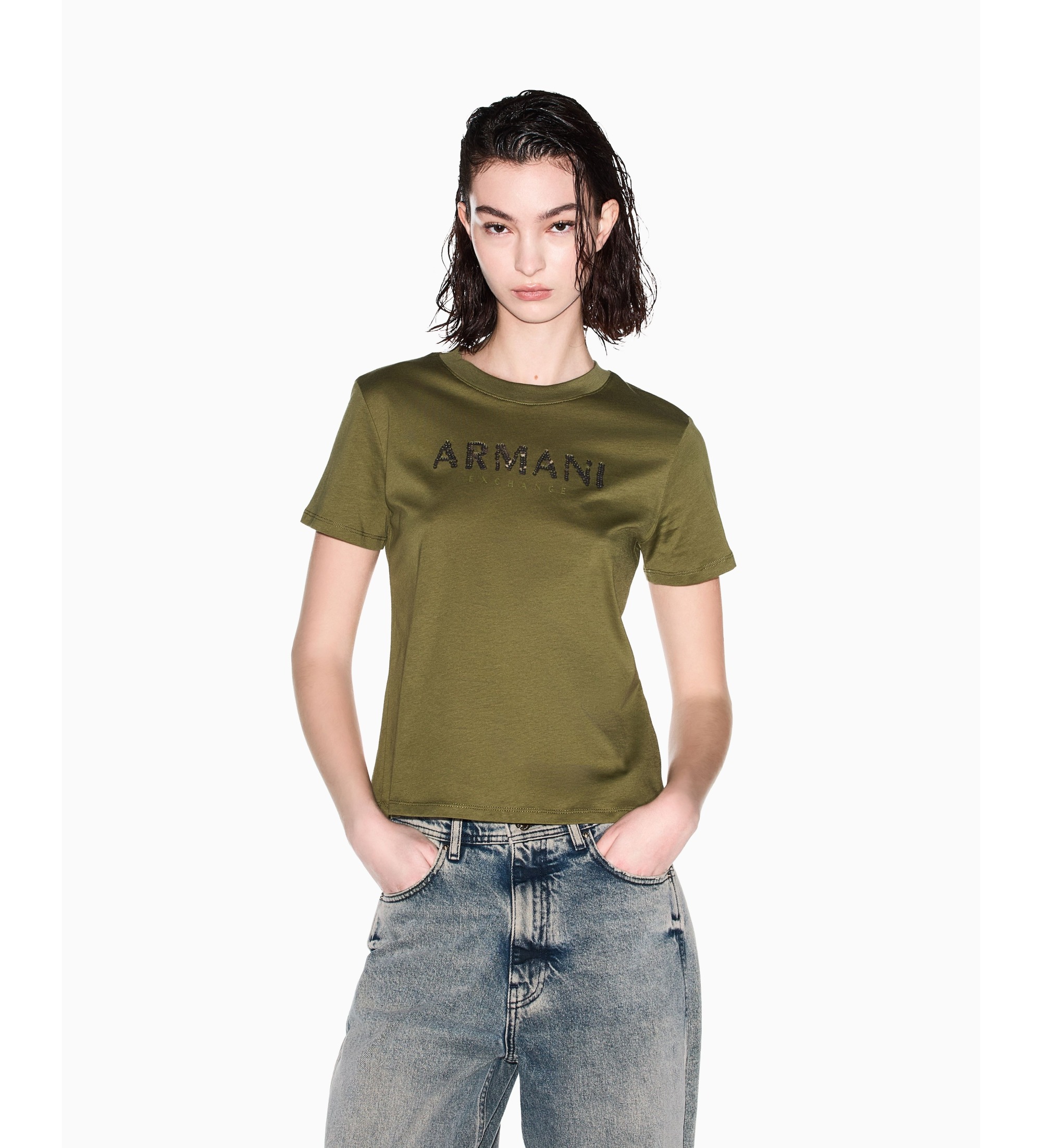 A|X Armani Exchange für Damen. XW002340AF10358U7043 T-Shirt mit entspannter Passform grün (S), Lässig, Baumwolle, Kurzarm