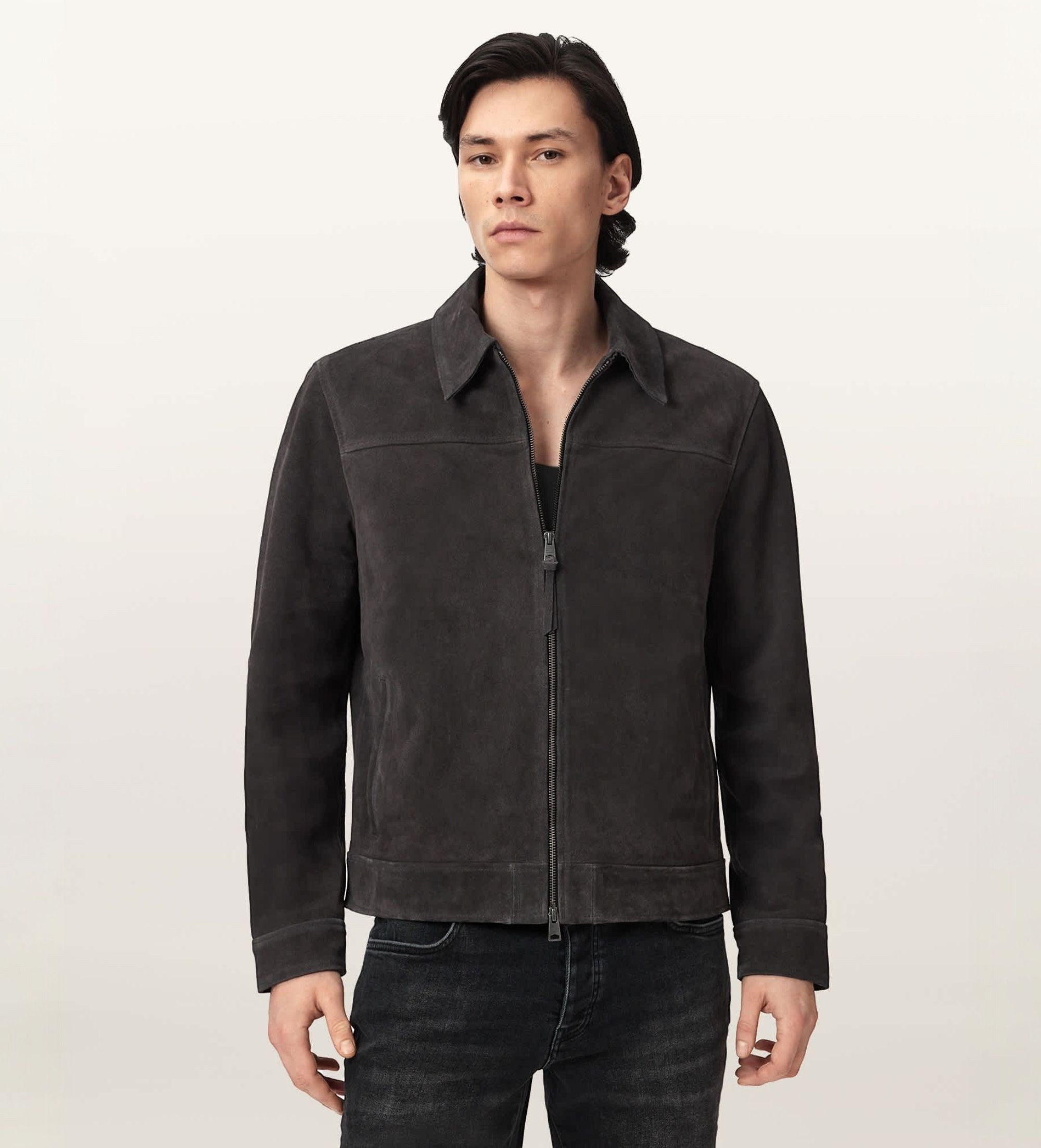 ALL SAINTSvoor mannen. M011LD Rhone donkergrijs leren jas (L), Casual, Leer