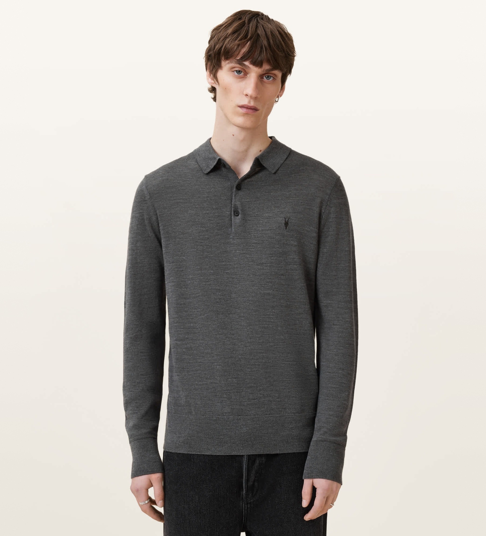 ALL SAINTSvoor mannen. M085KB Merino Mode grijze polo met lange mouwen (L), Casual, Grijs, Wol