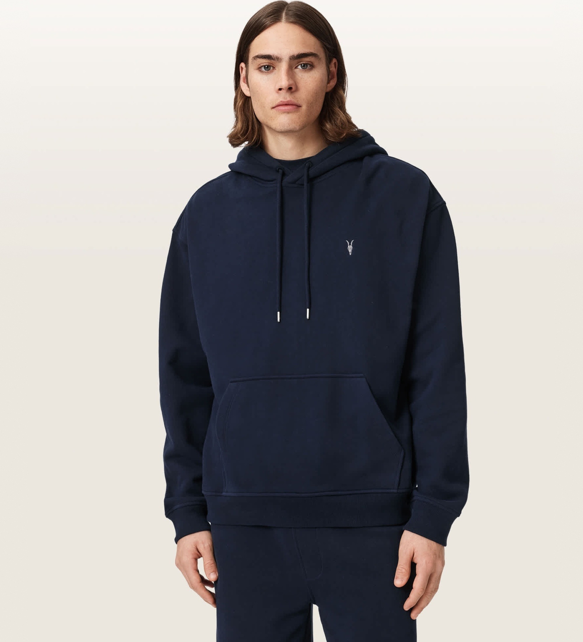 ALL SAINTSvoor mannen. M017ND Asher marineblauwe hoodie (L), Casual, Katoen, Lange mouwen