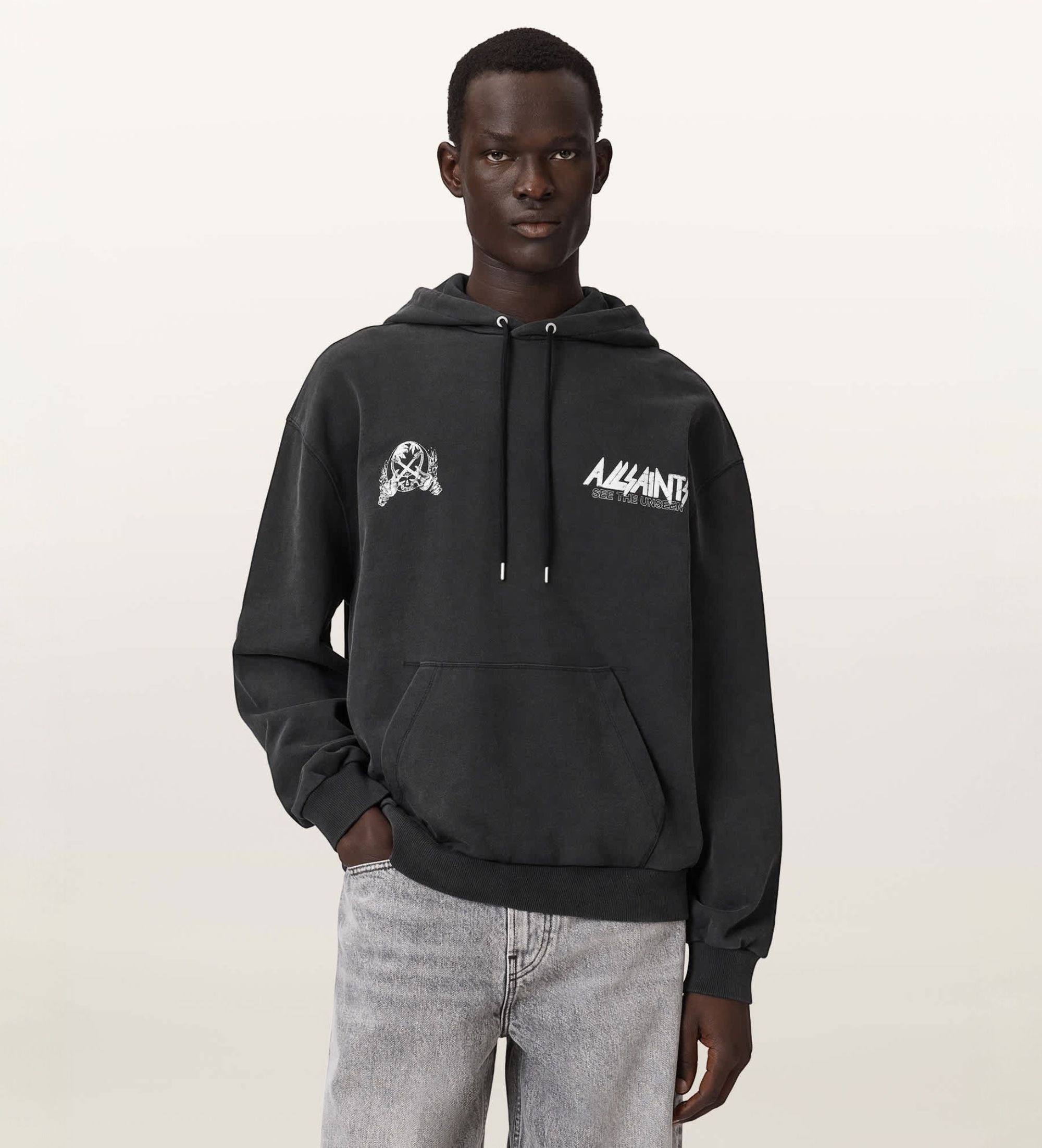 ALL SAINTSvoor mannen. M001NF Chromium hoodie zwart (M), Casual, Katoen, Lange mouwen