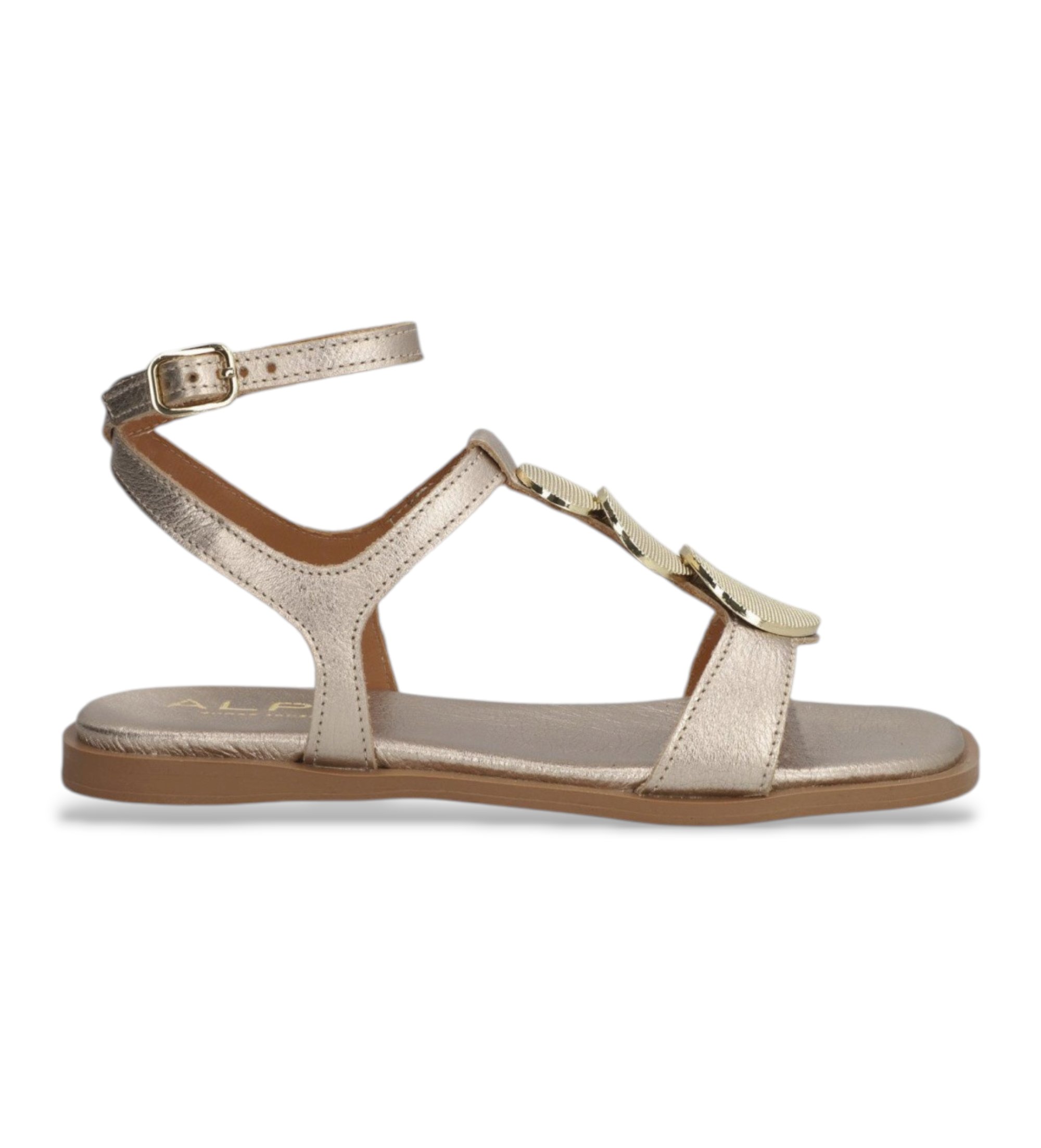 Alpe für Damen. 559241 Sheila Galaxy Sandalen aus goldenem Leder (36), Wohnung, Schnalle, Lässig