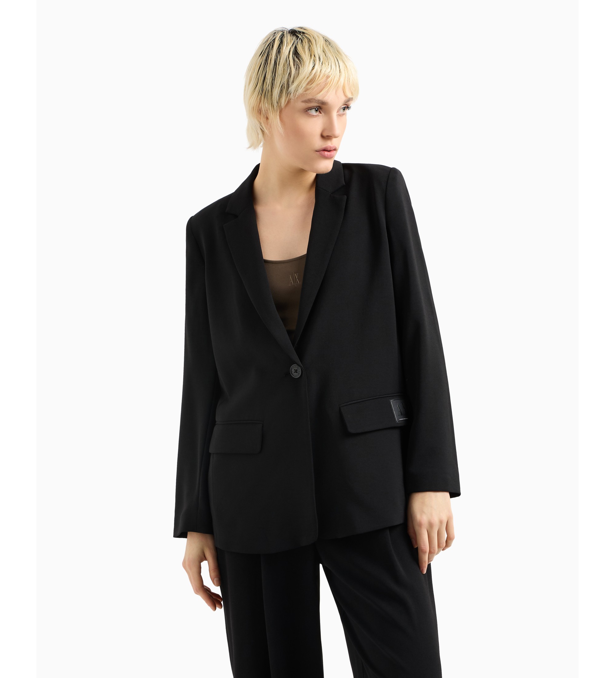 A|X Armani Exchange für Damen. XW000941AF10872UC001 Unifarbener lässiger Blazer mit einem Knopf und Kerbrevers mit langen Ärmeln schwarz (M)