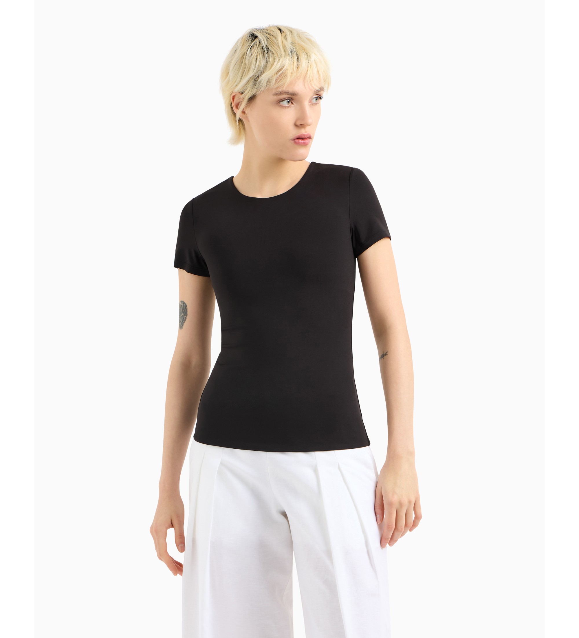 A|X Armani Exchange für Damen. XW001174AF14668UC001 Eng anliegendes T-Shirt aus elastischem Strick Essential Logo Signature schwarz (L), Läs