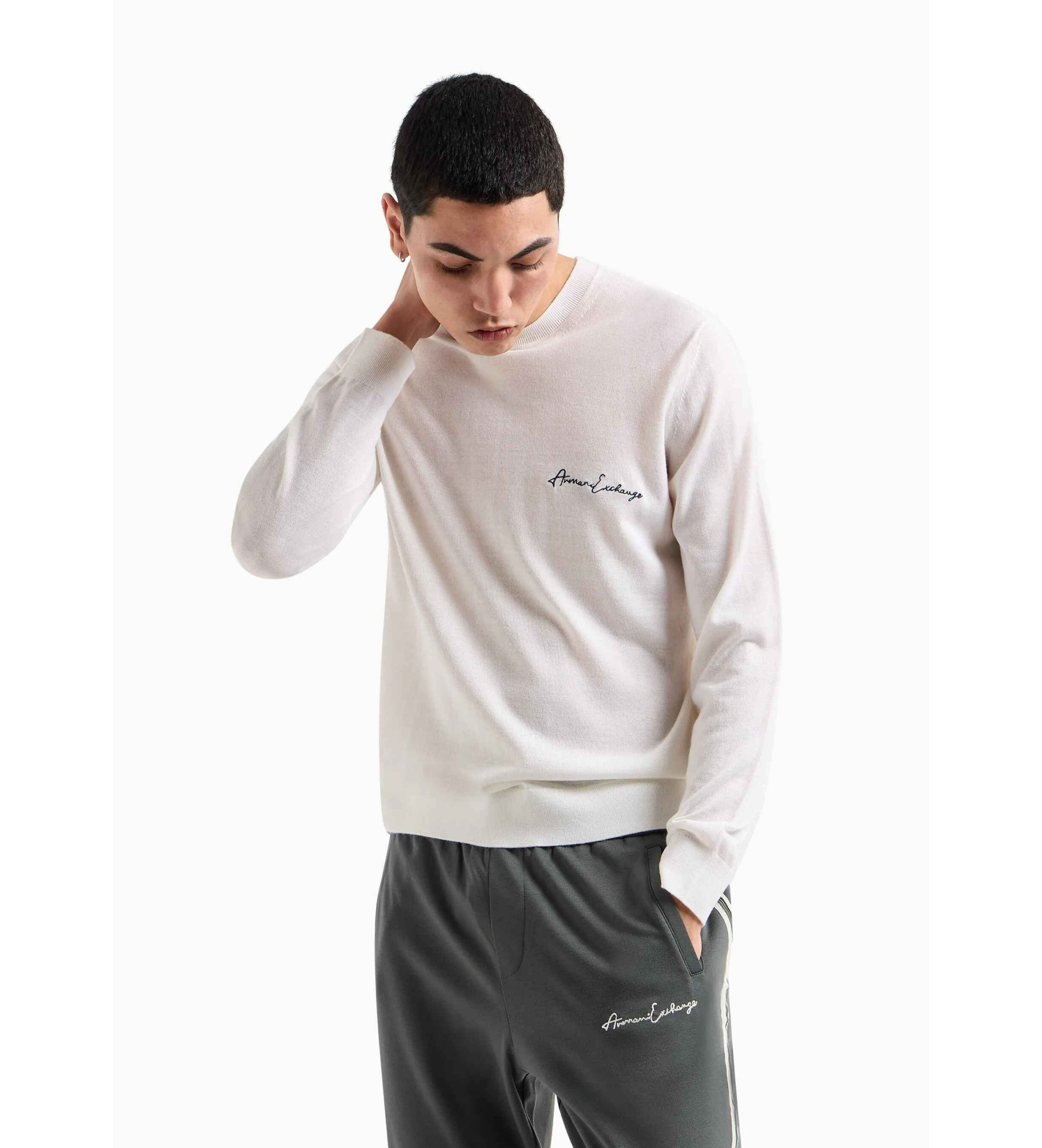 A|X Armani Exchange für Herren. 8NZM5AZM1YZ1116 Einfarbiger weißer Pullover (XL), Lässig, Wolle