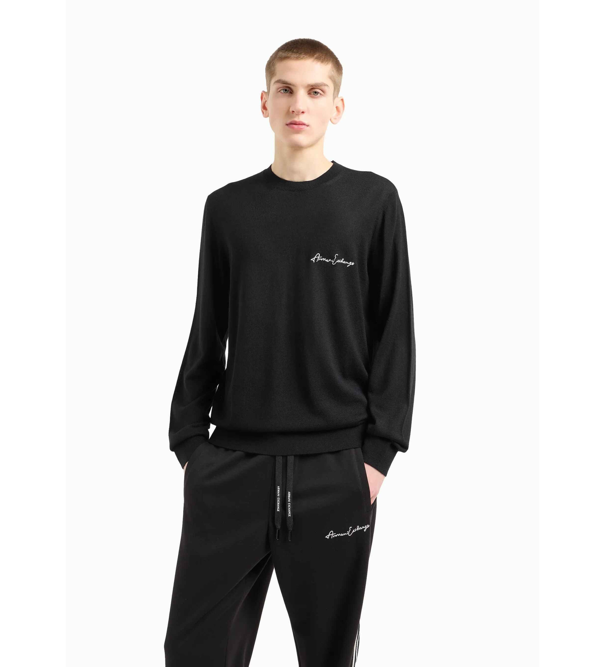 A|X Armani Exchange für Herren. 8NZM5AZM1YZ1200 Einfarbiger schwarzer Pullover (S), Lässig, Wolle
