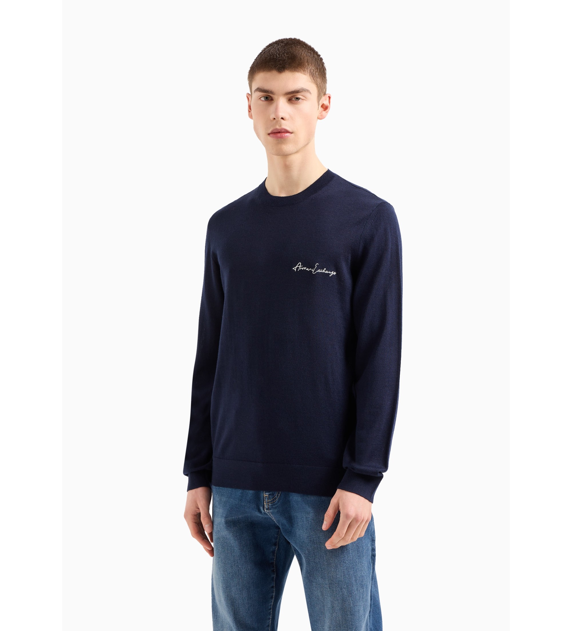 A|X Armani Exchange für Herren. 8NZM5AZM1YZ1510 Einfarbiger marineblauer Pullover (M), Lässig, Acryl
