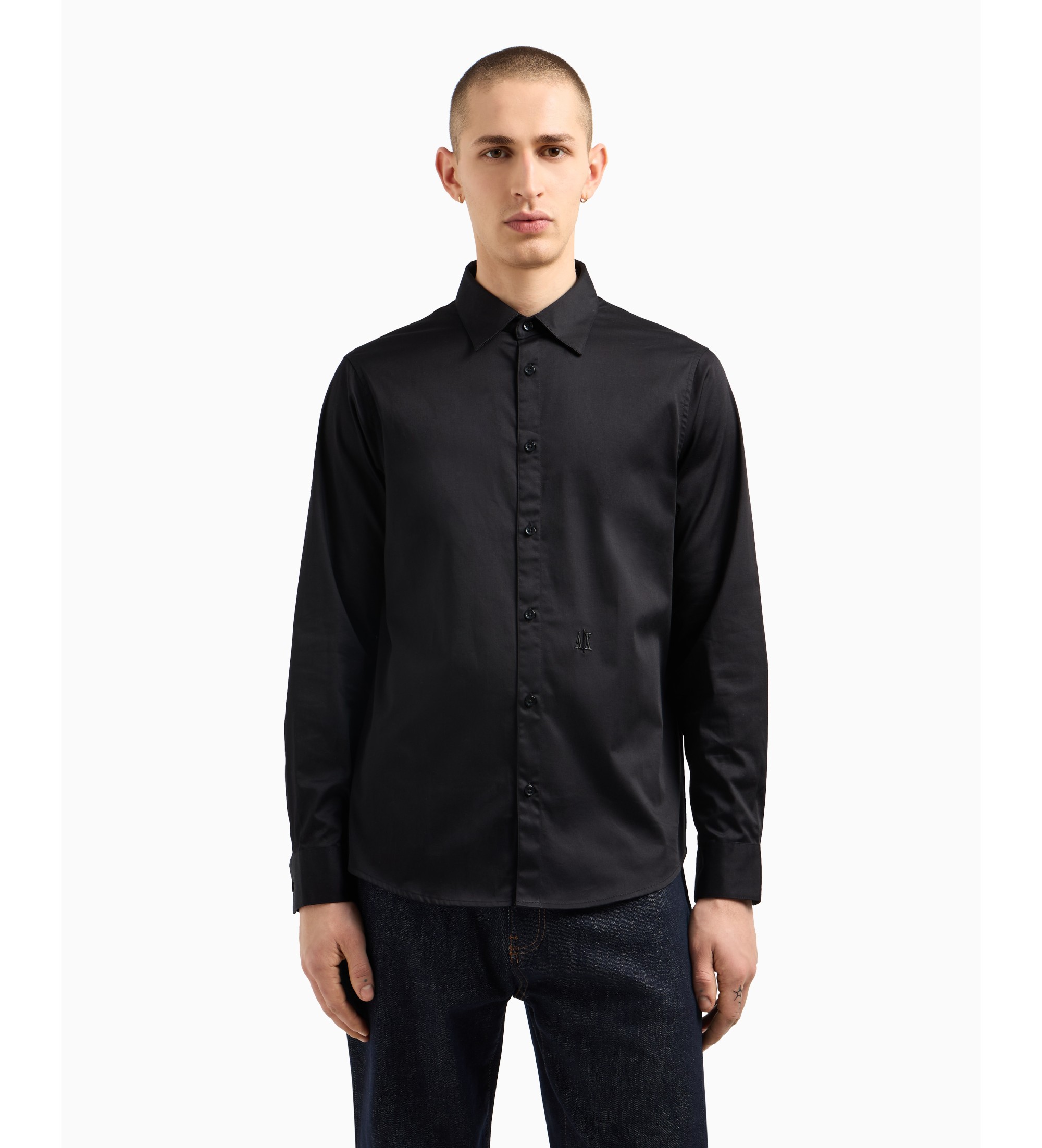 A|X Armani Exchange für Herren. XM000339AF10192UC001 Langärmeliges Hemd aus schwarzem Baumwollsatin mit Stretchanteil (L), Lässig, Baumwolle