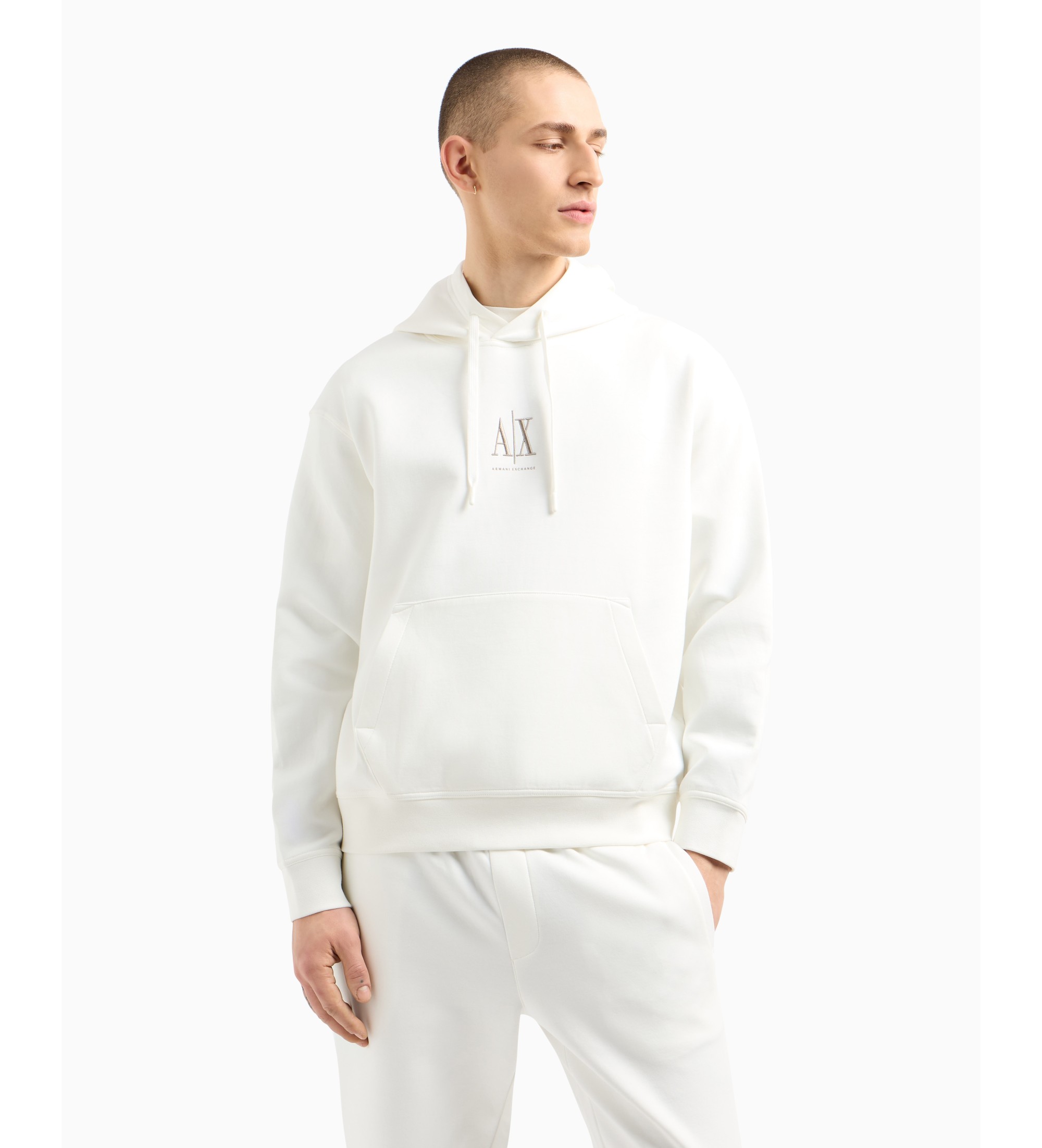 A|X Armani Exchange für Herren. XM000369AF10818U0009 Weißes laminiertes Kapuzensweatshirt aus Baumwoll-Polyester-Stretch mit weißer Kapuze (