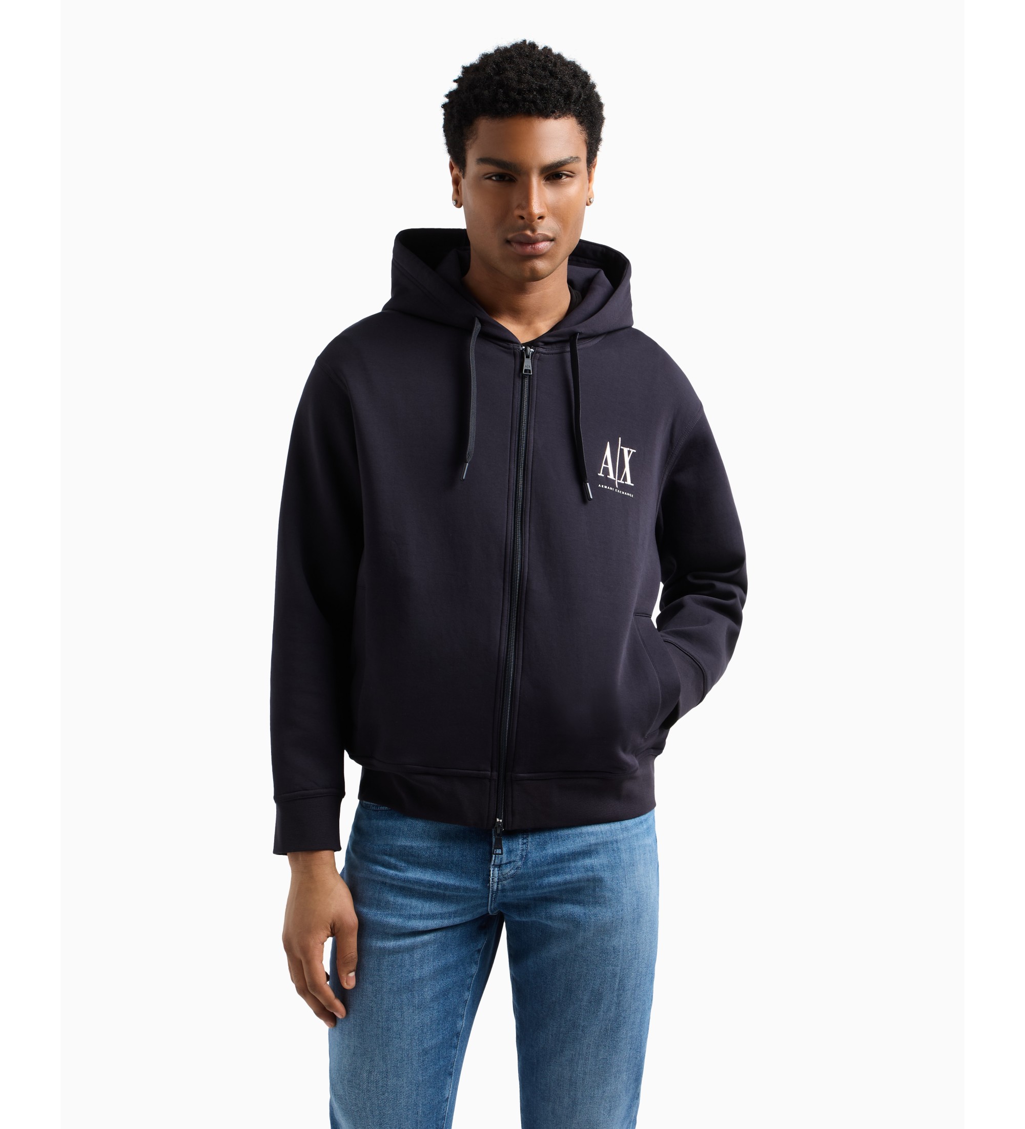 A|X Armani Exchange für Herren. XM000371AF10818UB101 Kapuzensweatshirt mit durchgehendem Reißverschluss aus marineblauem laminiertem Baumwol