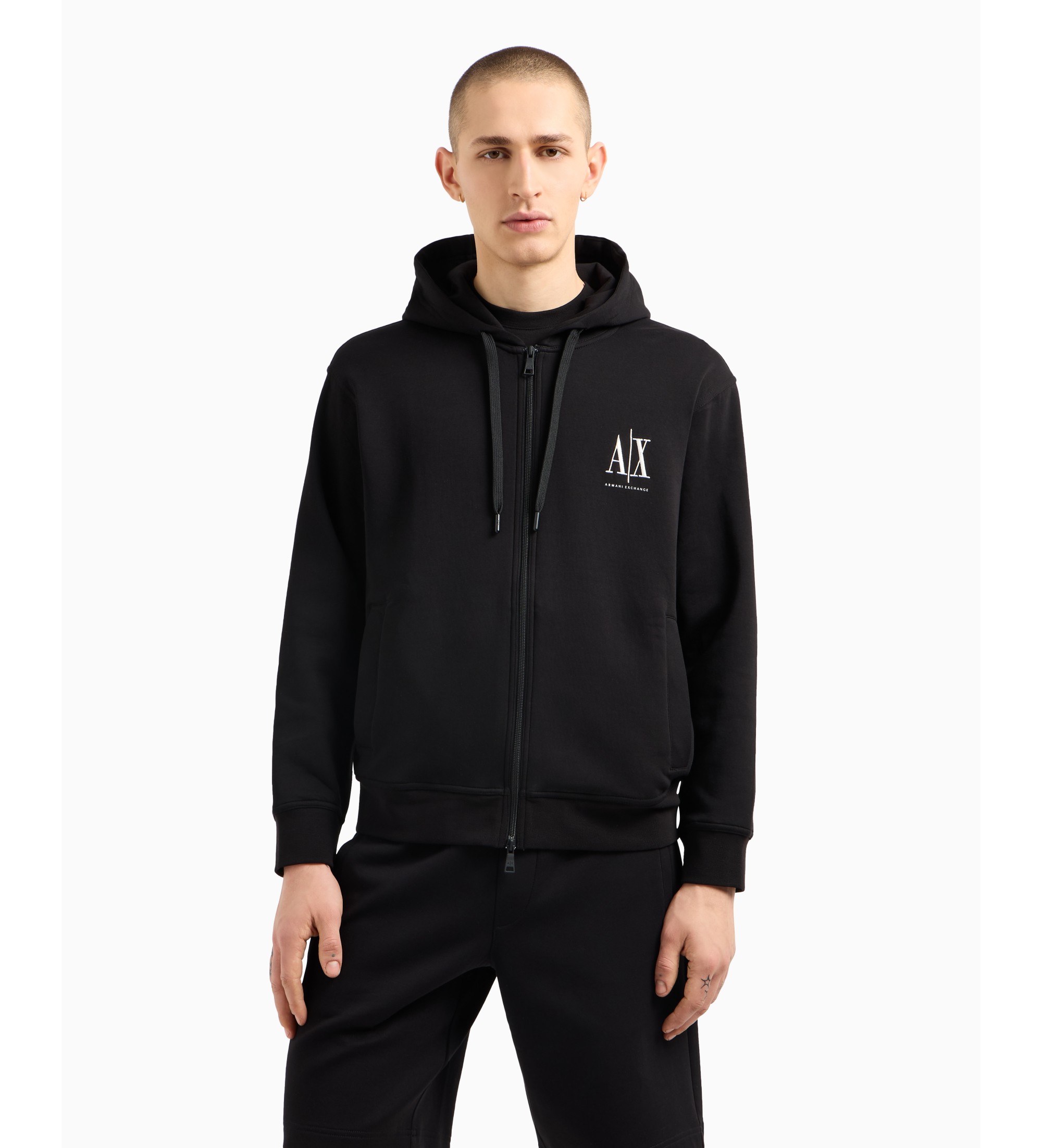 A|X Armani Exchange für Herren. XM000371AF10818UC001 Sweatshirt mit Kapuze und durchgehendem Reißverschluss aus schwarzem laminiertem Baumwo