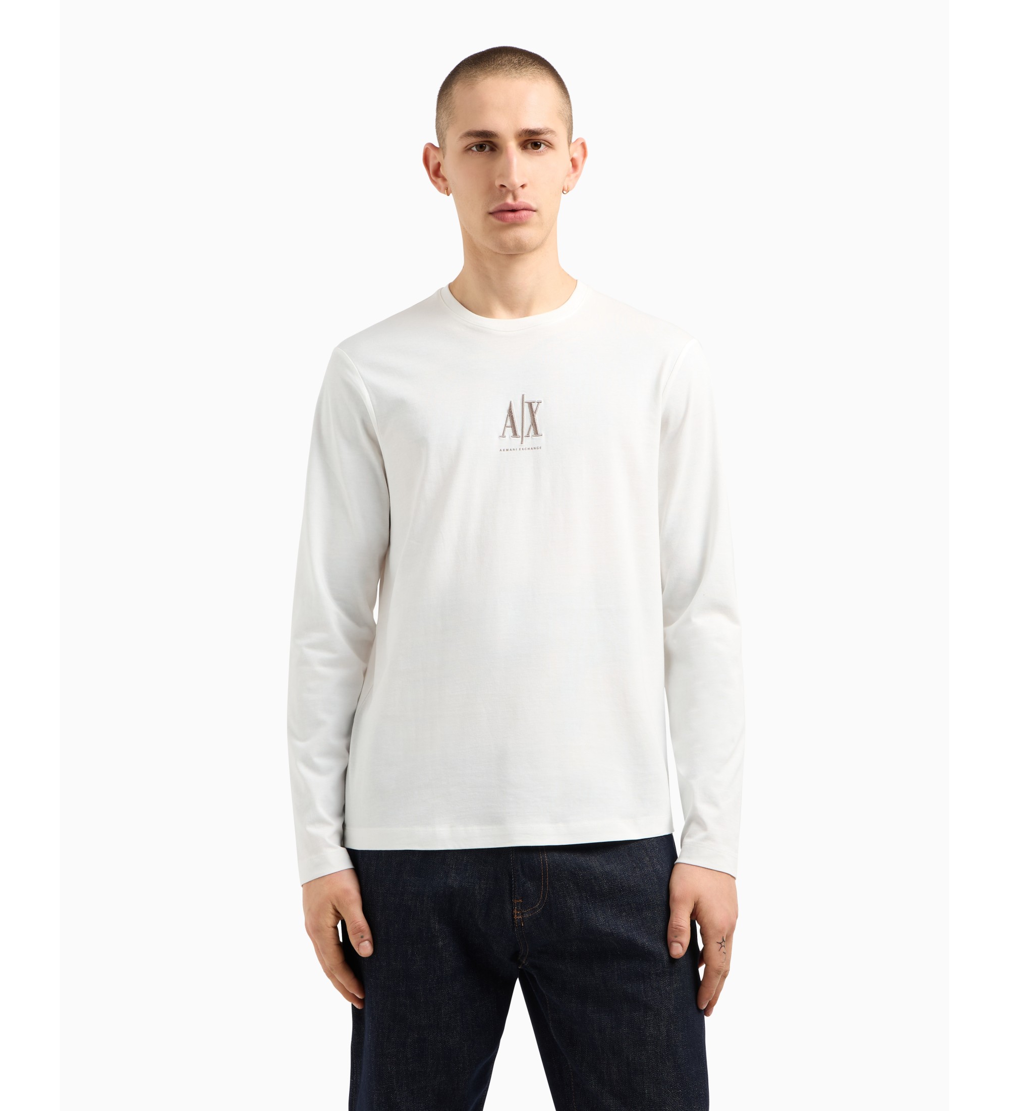 A|X Armani Exchange für Herren. XM000364AF12308U0009 Weißes Langarm-T-Shirt (S), Lässig, Baumwolle