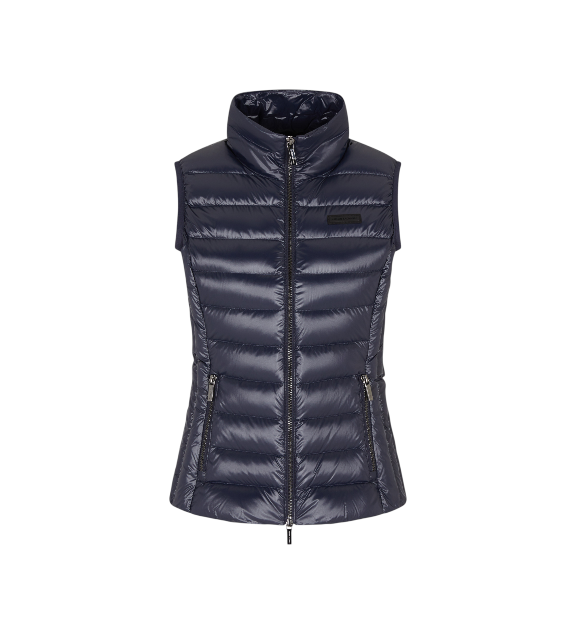 A|X Armani Exchange für Damen. XW001921AF18757UB100 Daunenweste mit horizontaler Steppung und marineblauem Stehkragen (S), Lässig, Polyester