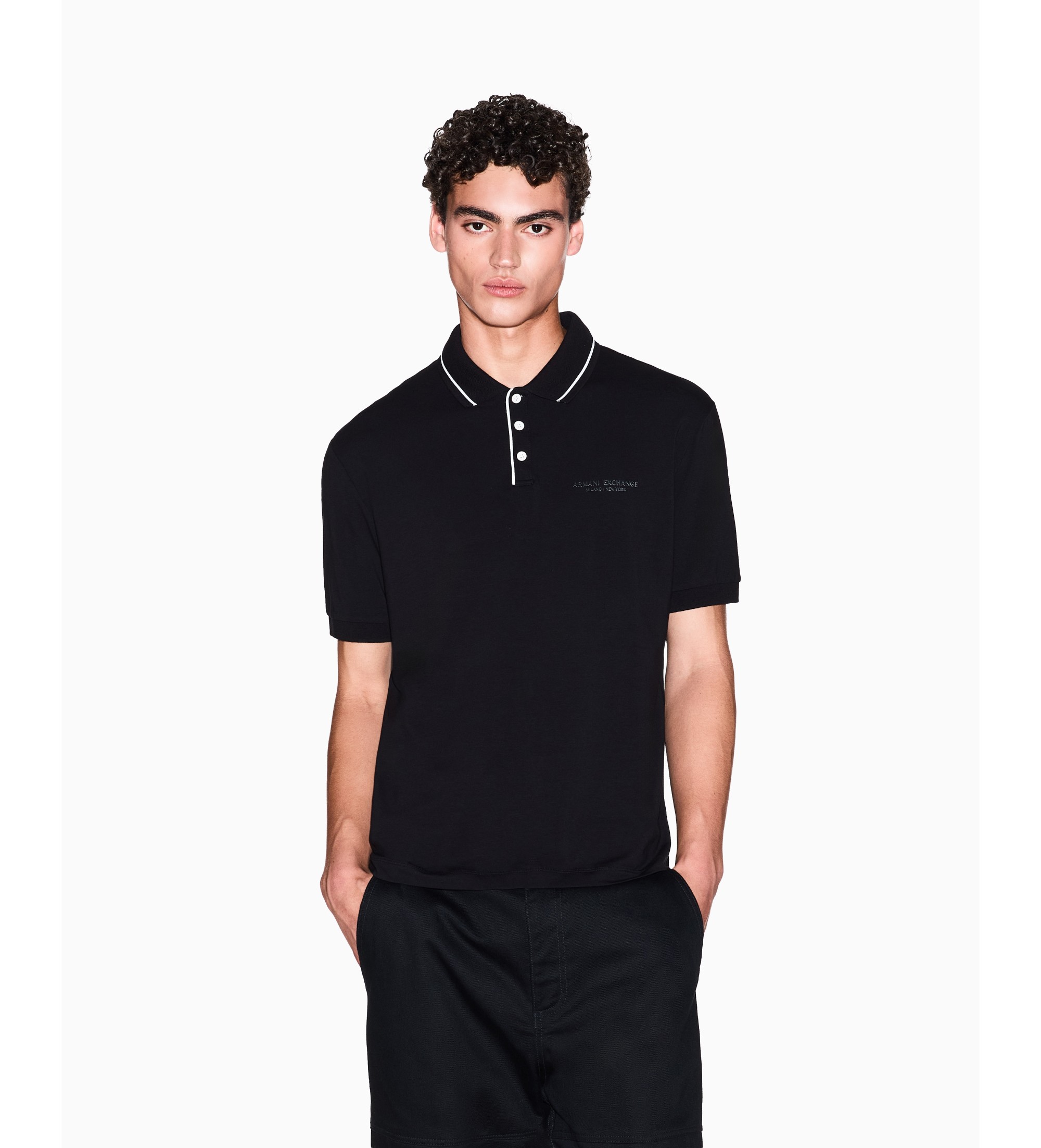 A|X Armani Exchange für Herren. XM001557AF10363UC001 Schwarzes elastisches Poloshirt (L), Lässig, Baumwolle, Kurzarm