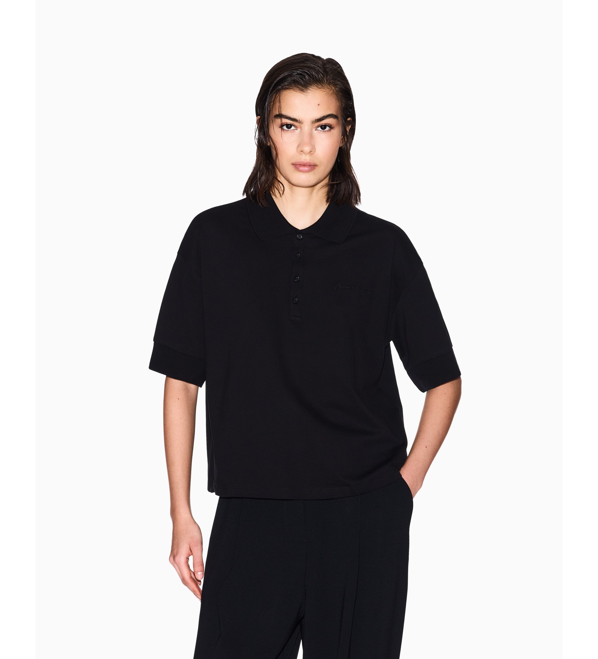 A|X Armani Exchange für Damen. XW000887AF10819UC001 Schwarzes elastisches Essential Logo Signature Poloshirt aus Baumwoll-Piqué (XL), Lässig