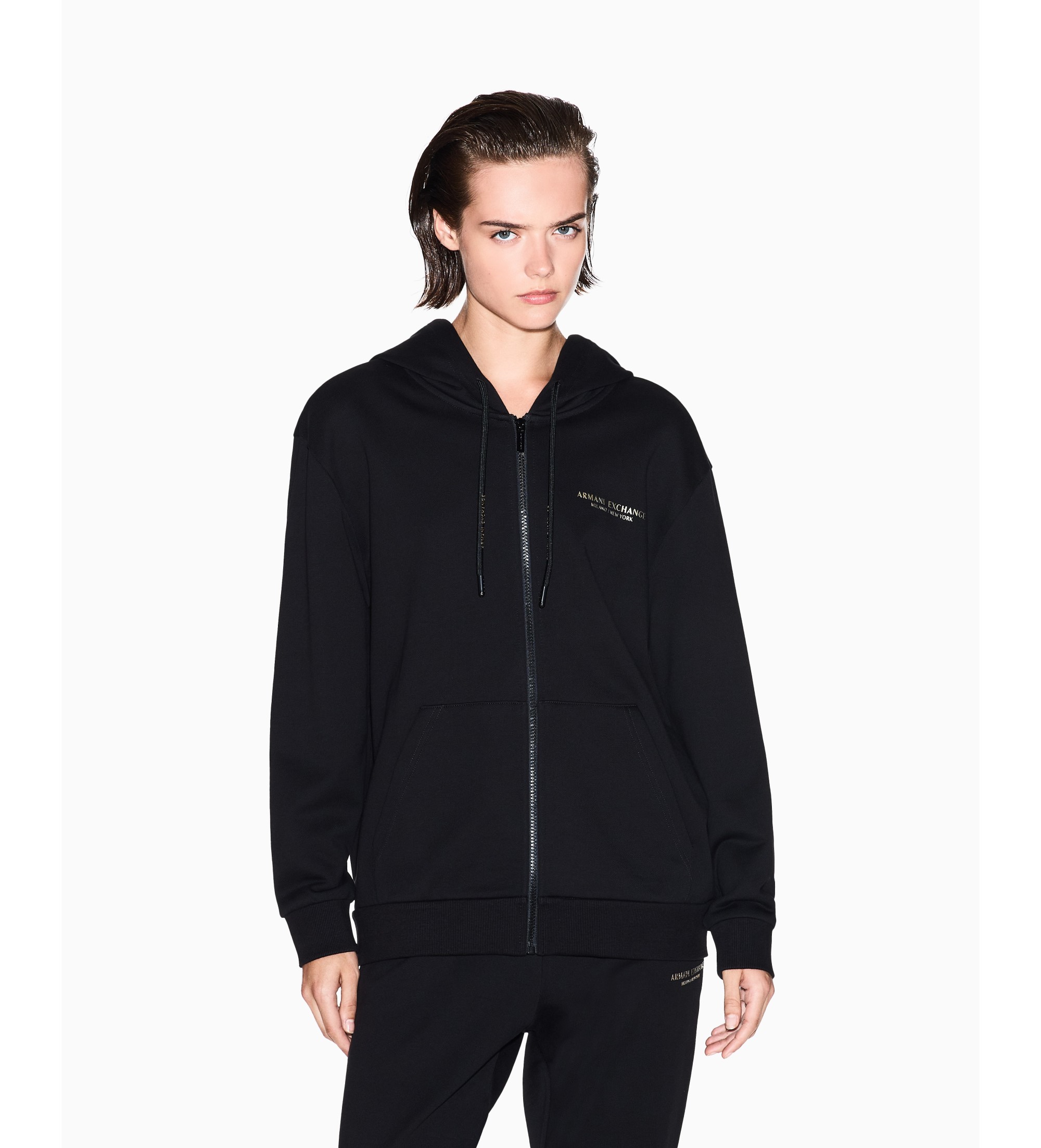 A|X Armani Exchange für Damen. XW001452AF10830MC021 Schwarzes Sweatshirt mit Kapuze und Reißverschluss (L), Lässig, Baumwolle, Langarm