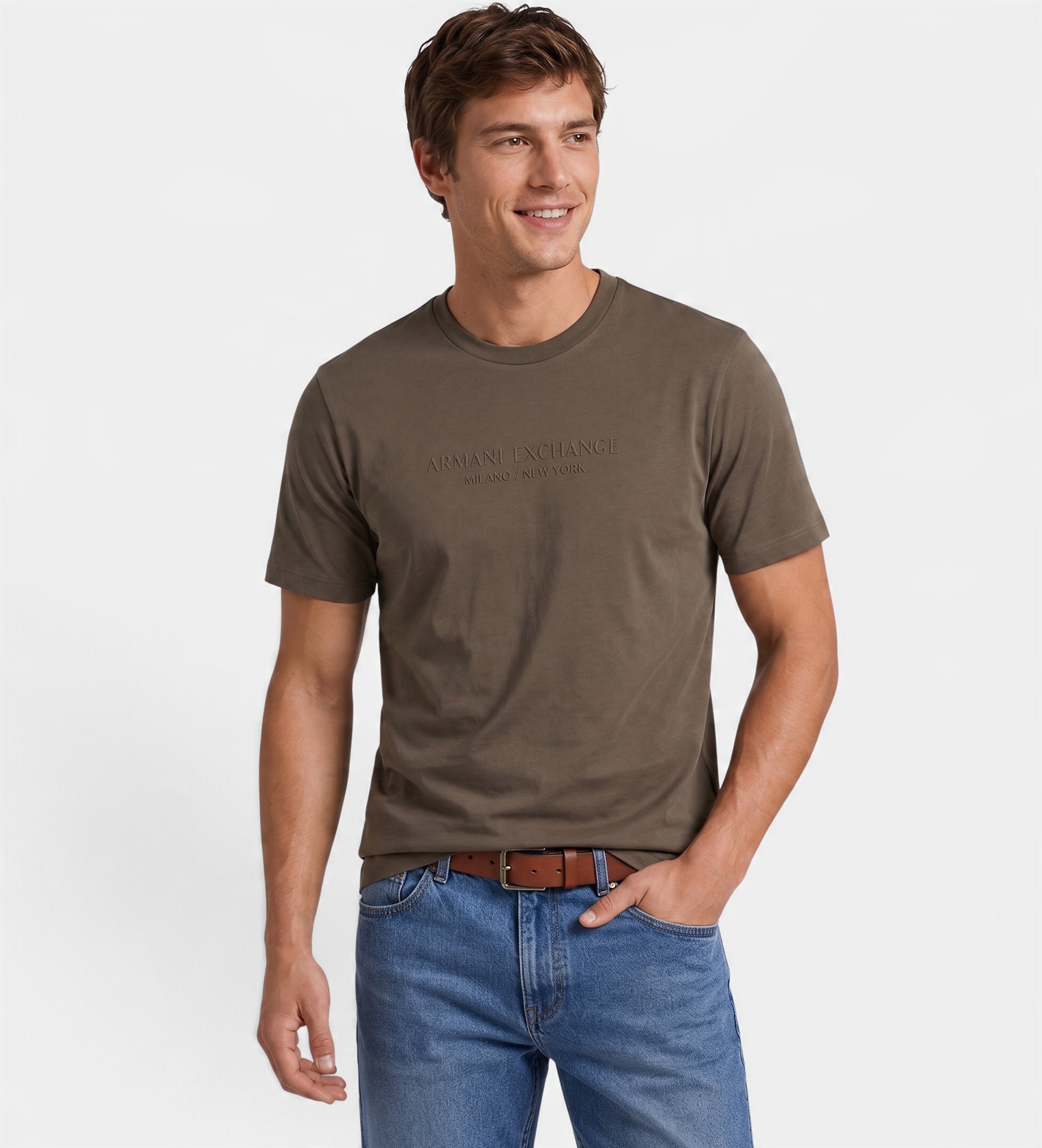 A|X Armani Exchangevoor mannen. XM001280AF10361U6125 Bruin T-shirt met reliëflogo (L), Casual, Grijs, Katoen, Korte mouwen