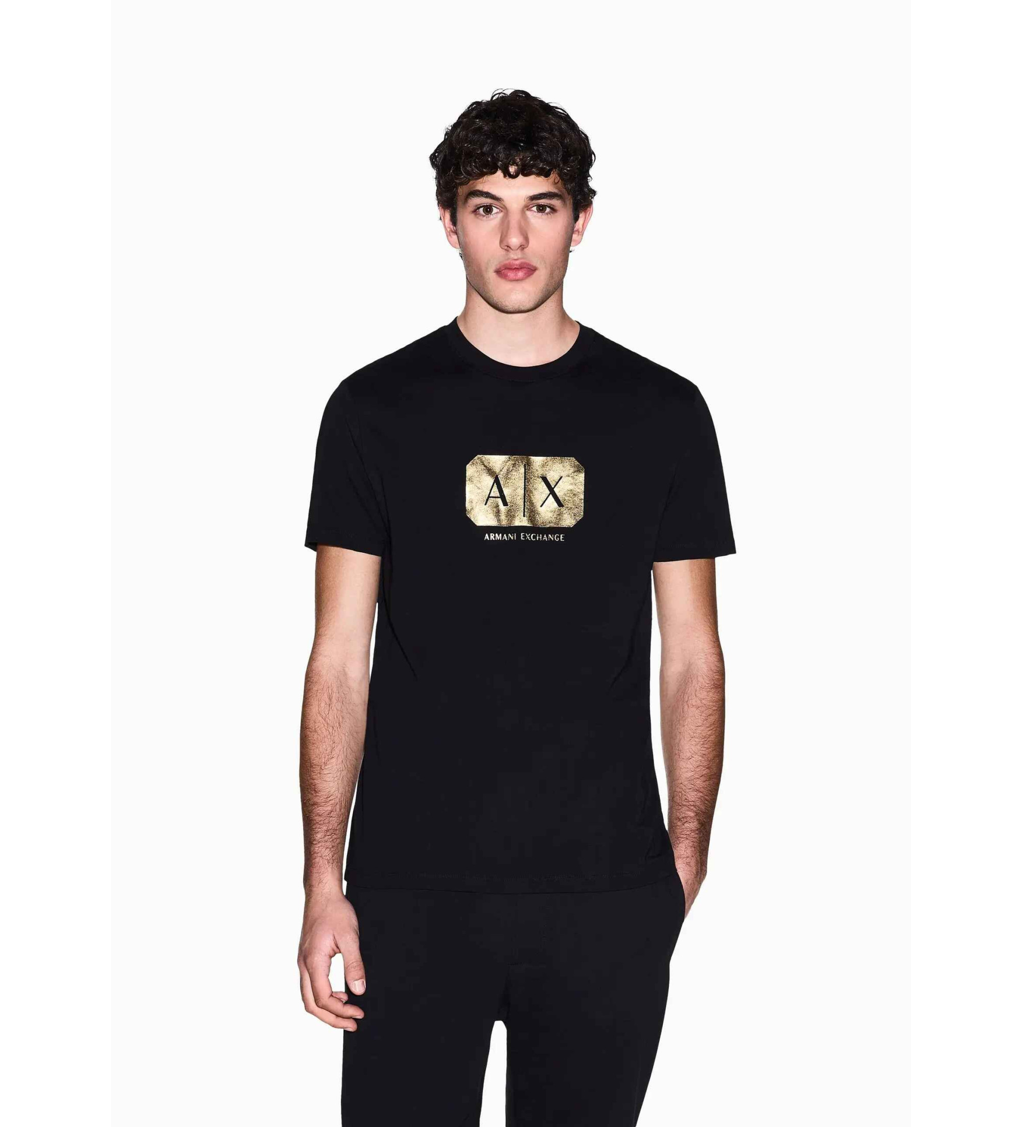 A|X Armani Exchange für Herren. XM002826AF12308UC001 T-Shirt Logo gold, schwarz (L), Lässig, Baumwolle, Kurzarm
