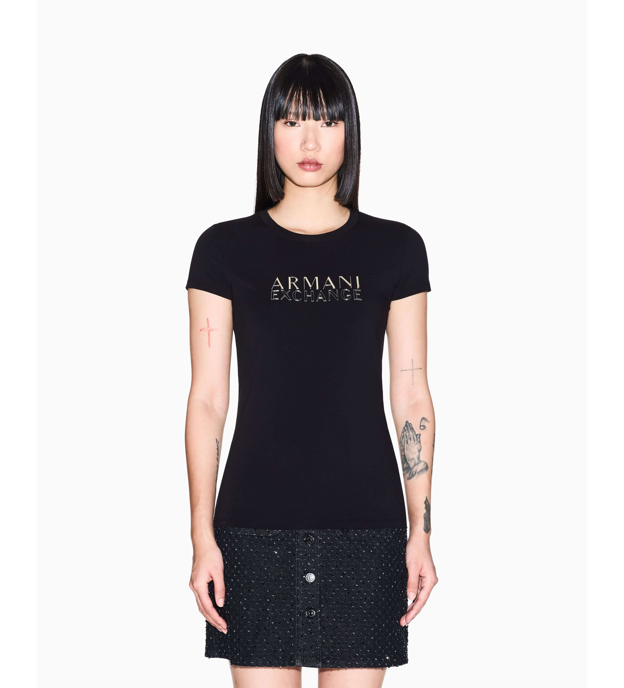 A|X Armani Exchange für Damen. XW001837AF16294UC001 Logo-T-Shirt schwarz (M), Lässig, Baumwolle, Kurzarm