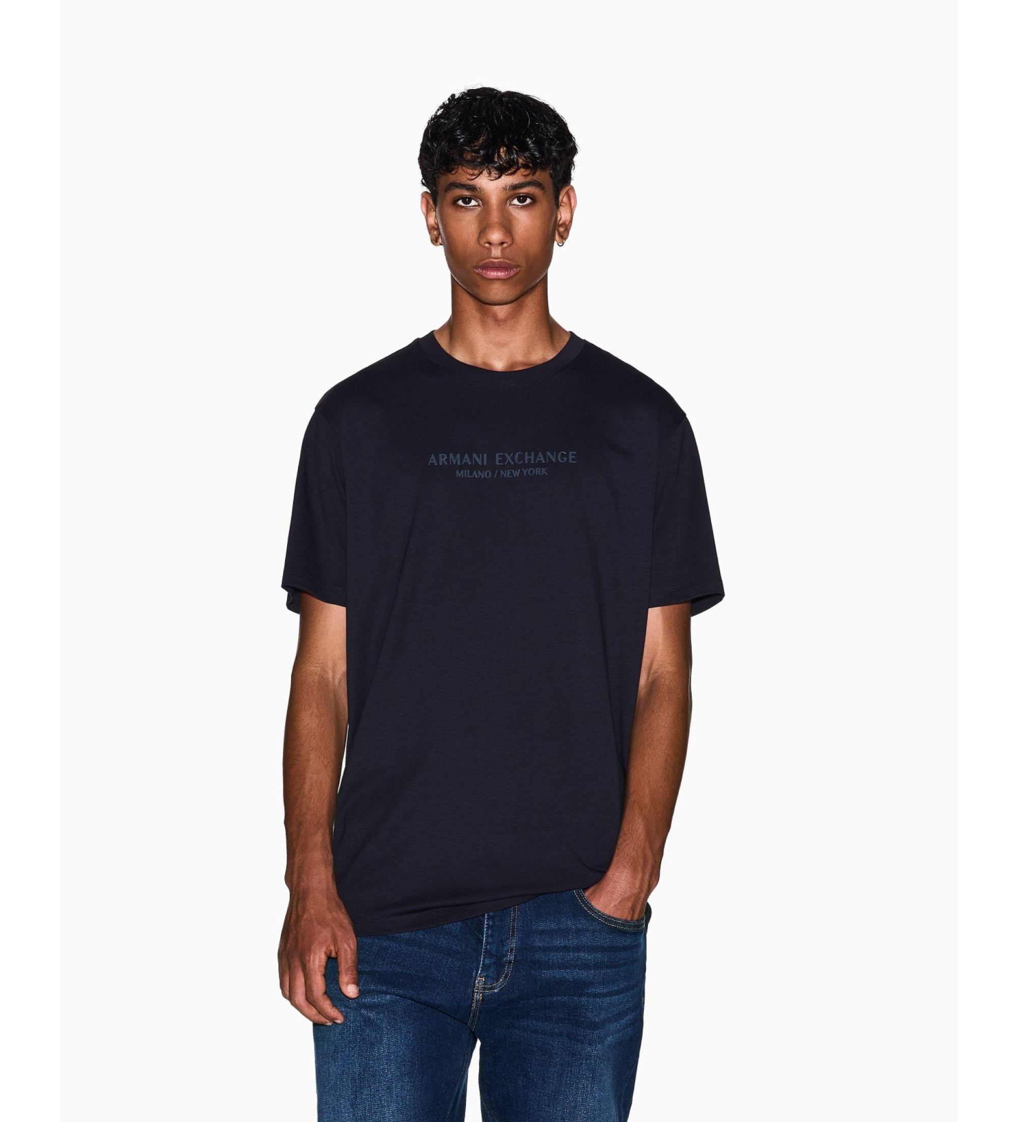 A|X Armani Exchange für Herren. XM001280AF10361UB101 Normales T-Shirt mit navyfarbenem Logo (L), Lässig, Baumwolle, Kurzarm, Marine