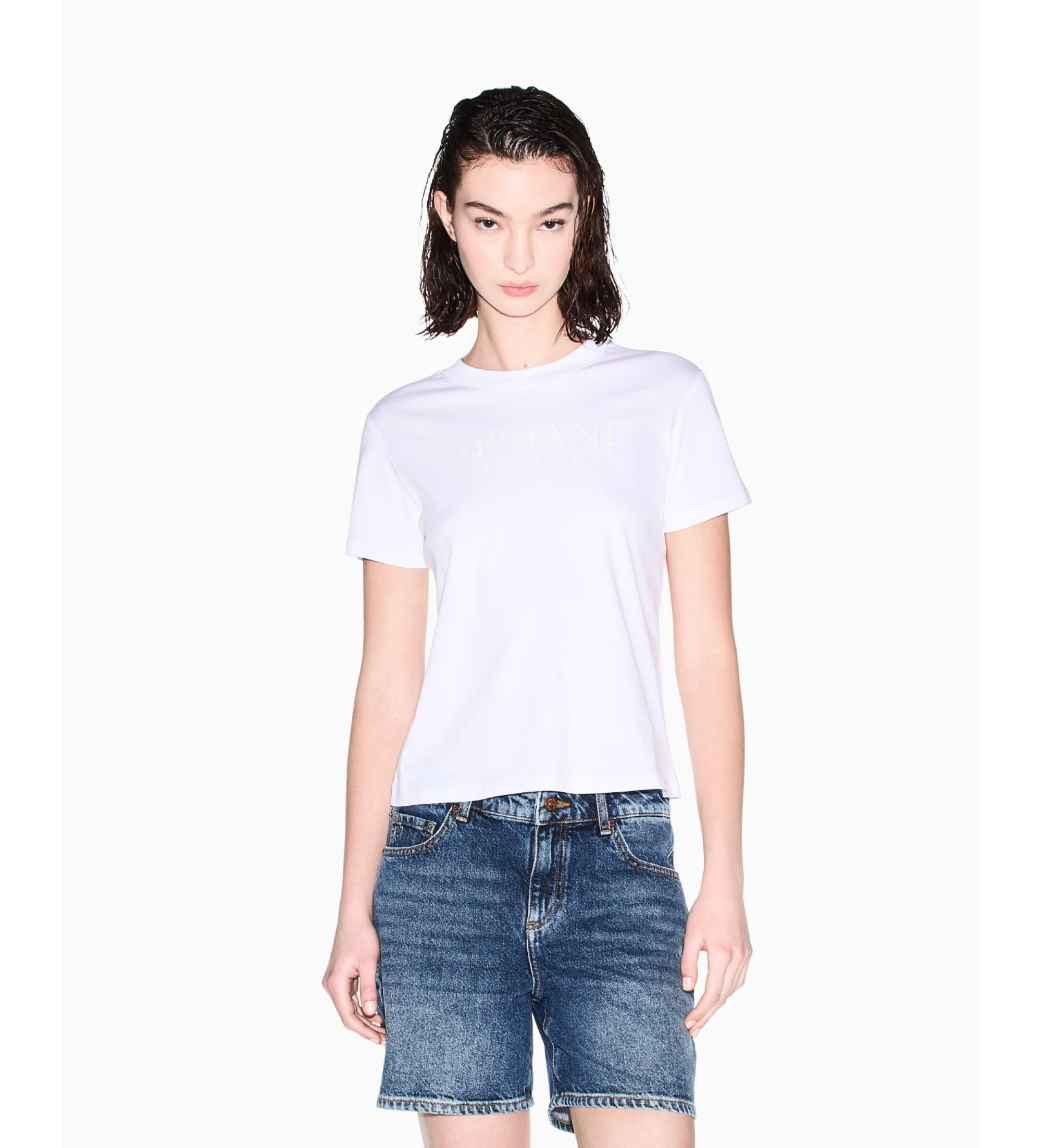 A|X Armani Exchange für Damen. XW002340AF10358U0002 Boxy-T-Shirt weiß (S), Lässig, Baumwolle, Kurzarm